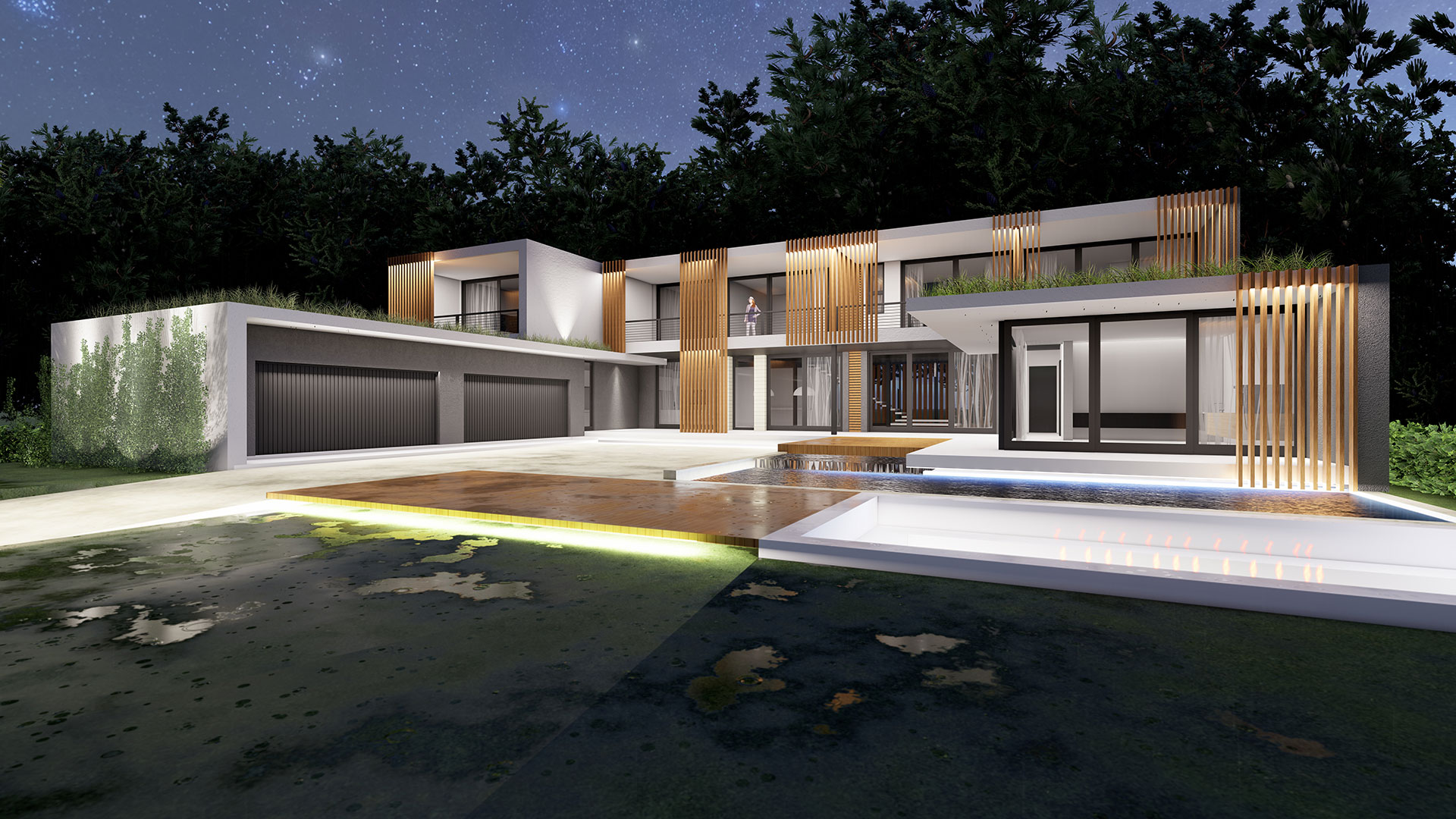 Contemporary villa at night with illuminated poolside view