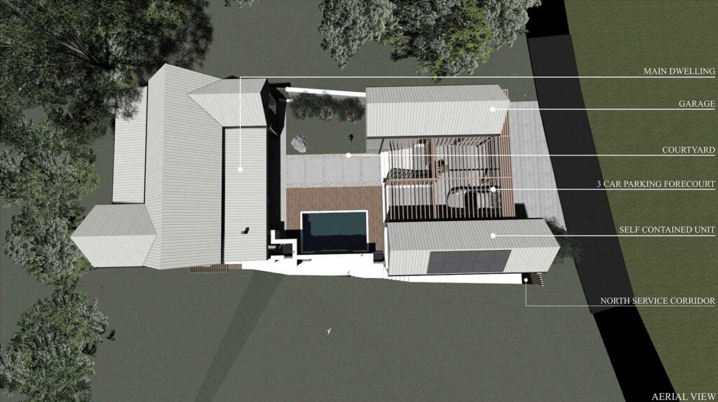Architectural site plan with floor layout and pool design