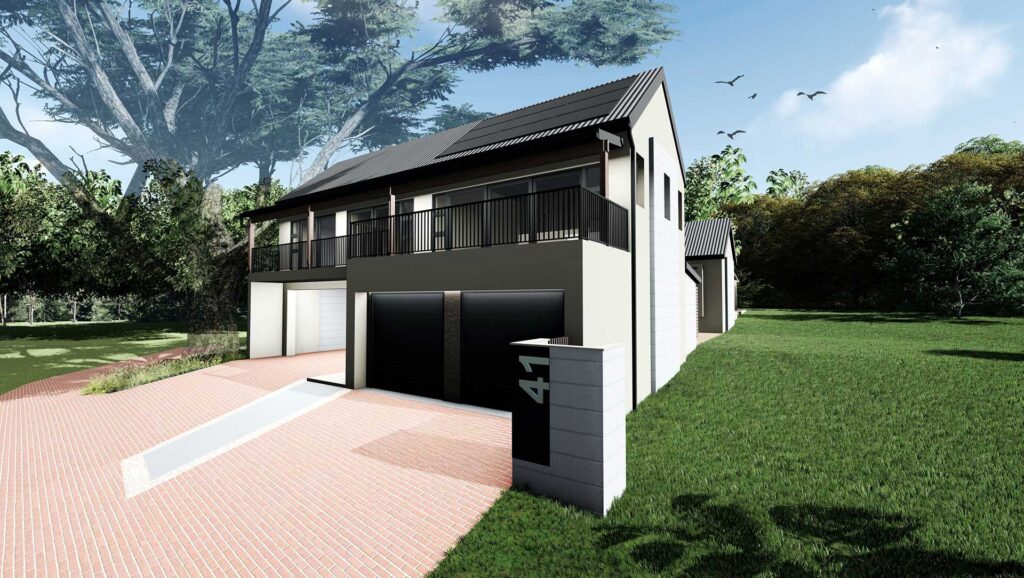 Two-storey residential house with black accents and brick driveway