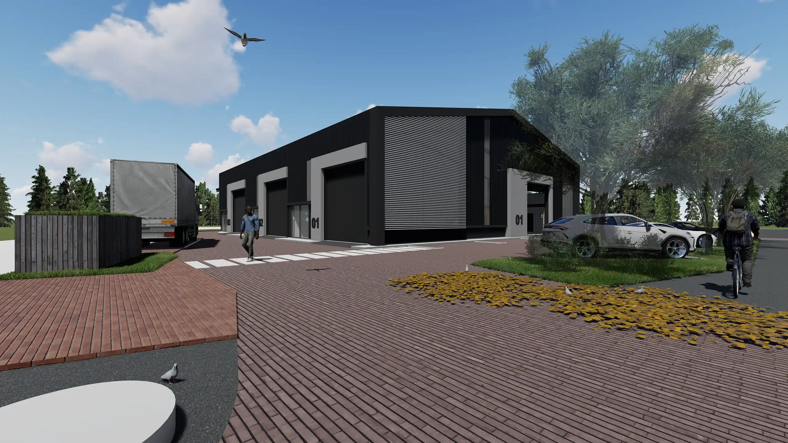 Angled exterior view of a contemporary industrial building labeled '01', featuring a black facade, large grey entrance, and a curved paved driveway with parked cars, set against a green landscape