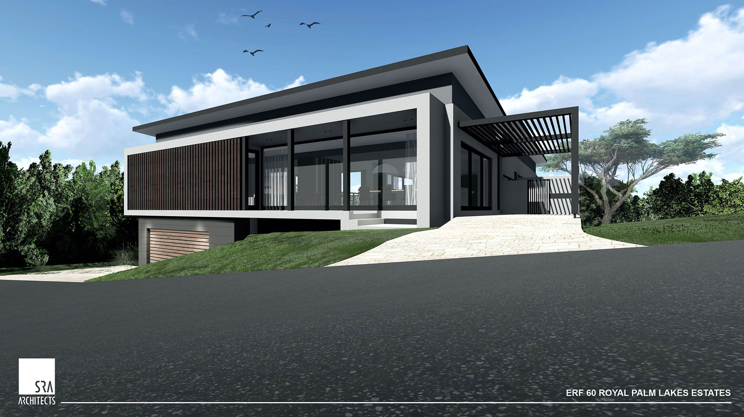 Modern home with angled roof on sloped terrain