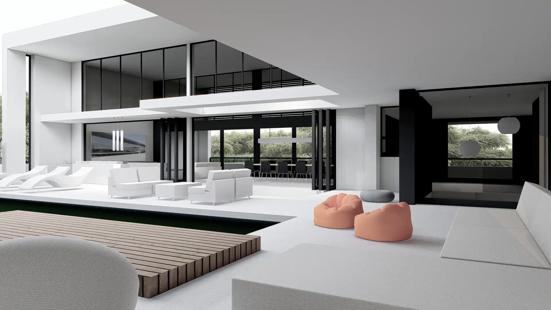 Modern open-plan living room interior with a large white sectional sofa, minimalist decor, and a view into another room