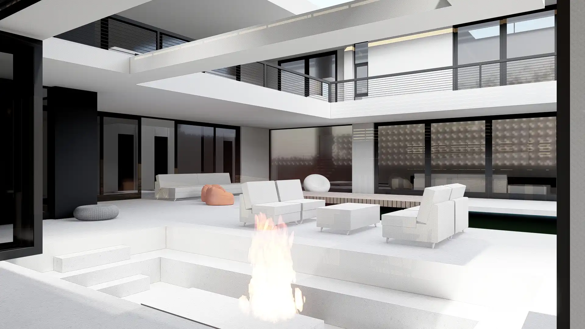 Modern interior design of a spacious living and dining area with large windows, white walls, and a streamlined aesthetic