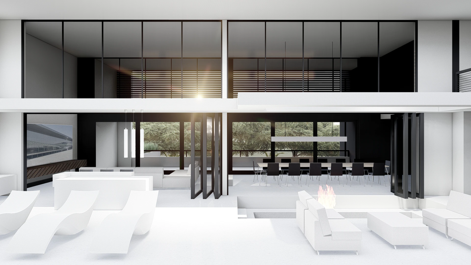 Modern interior hallway or transition space with white walls, recessed lighting, and a glimpse into adjacent rooms