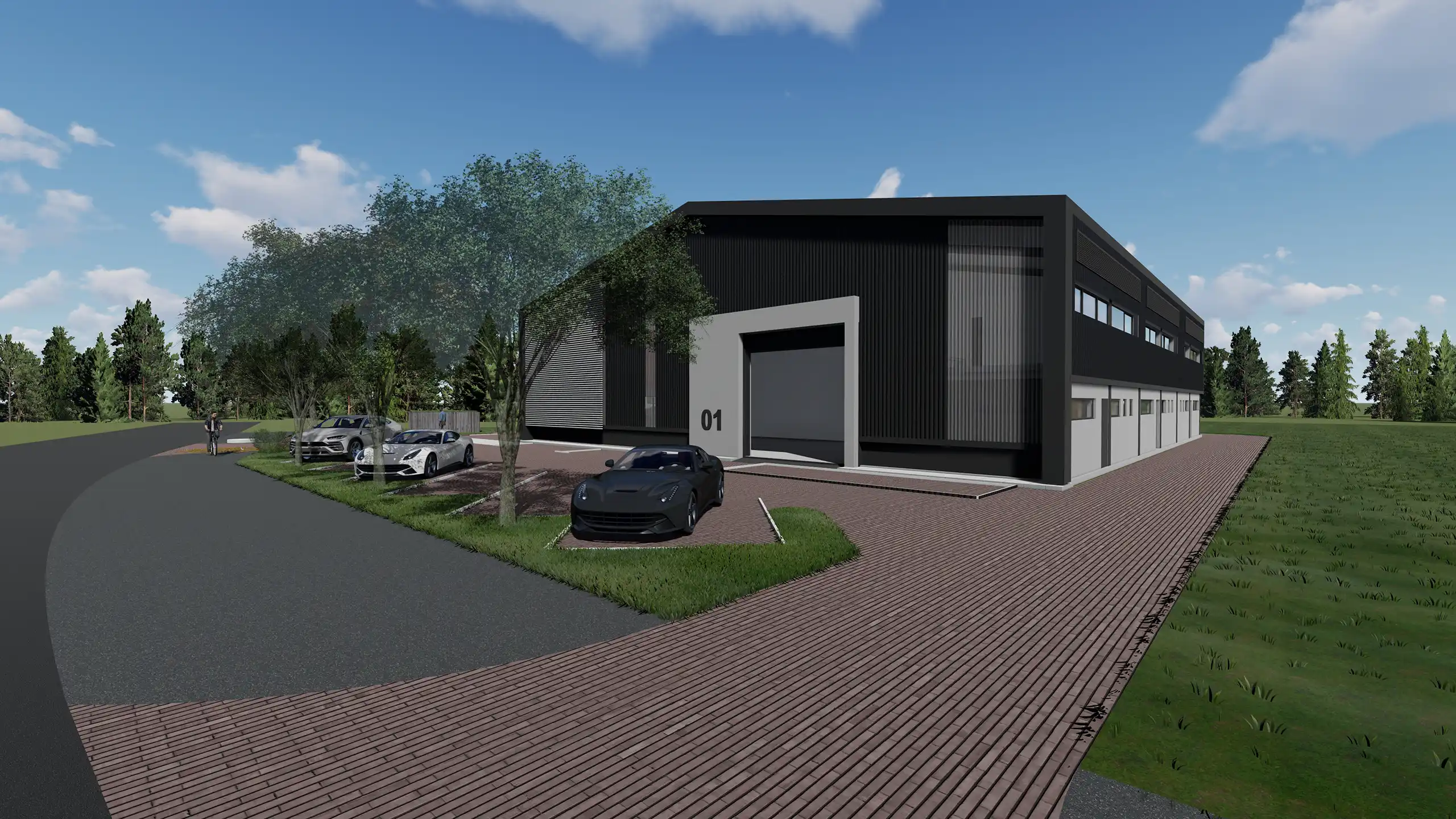 Architectural rendering of a modern industrial park entrance with dark grey units, multiple large roll-up doors, a white car, and a delivery truck on a paved road, surrounded by trees