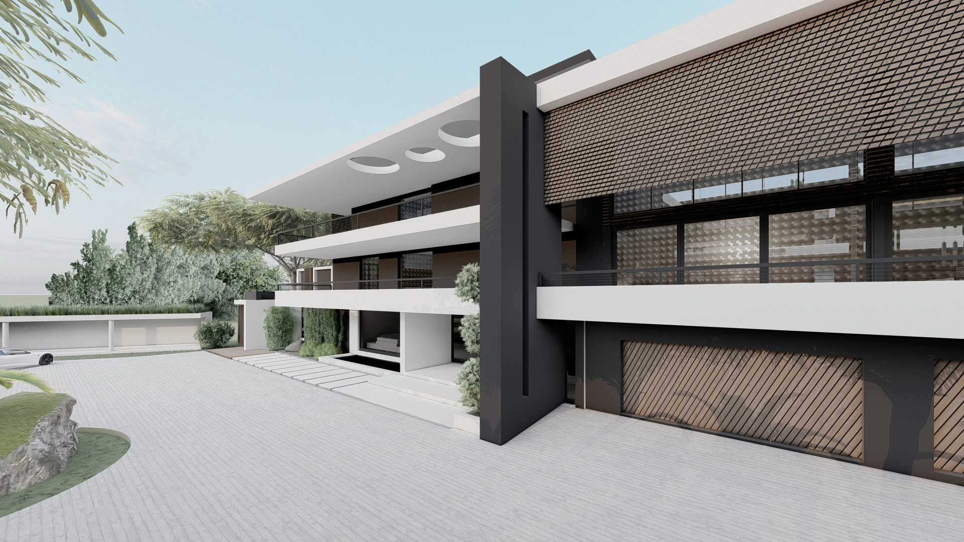 Luxury modern house exterior with multi-level design, large screened facade, expansive driveway, and contemporary architecture