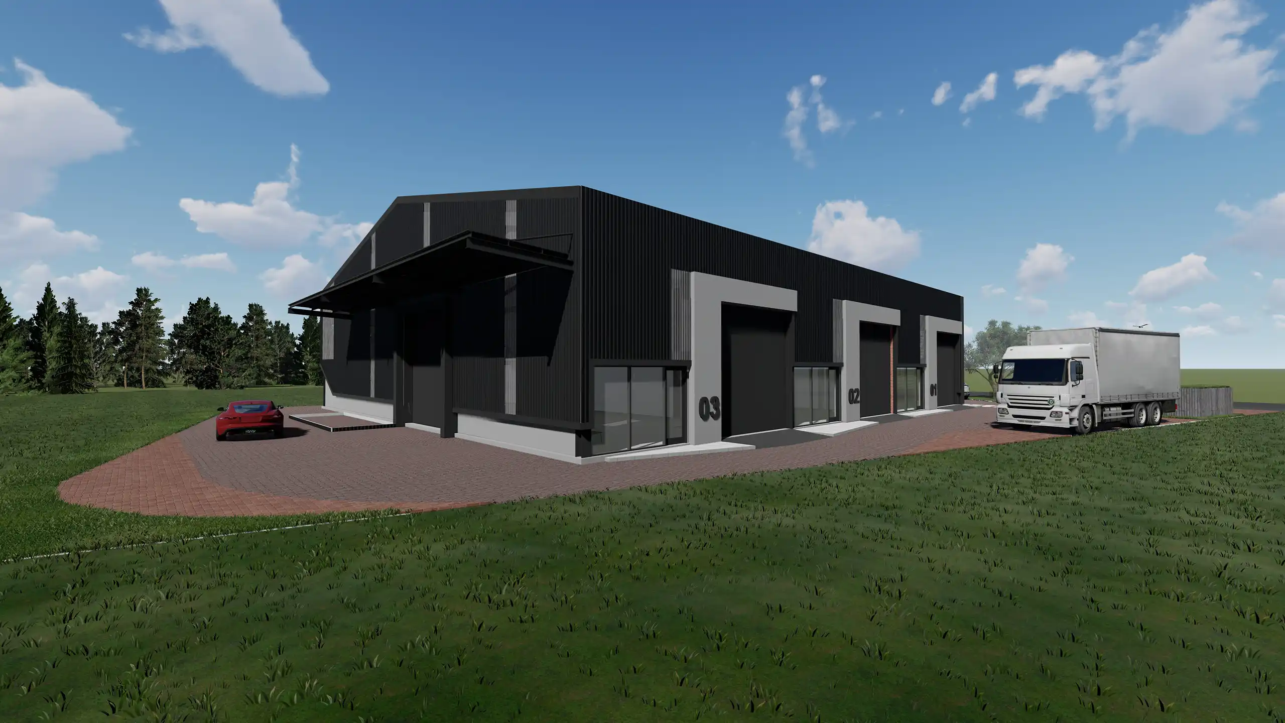 Side view of a dark-colored industrial warehouse building with loading docks, labeled '03', and a large white semi-truck parked for delivery on a paved area with green grass in the foreground