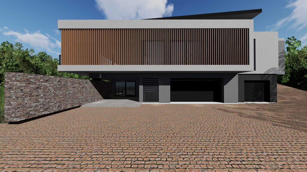 Modern home with timber paneling and stone driveway