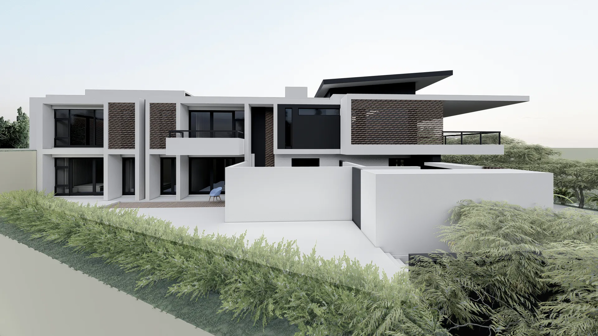 Front and side exterior rendering of a modern minimalist house with a distinctive angled roof and white facade