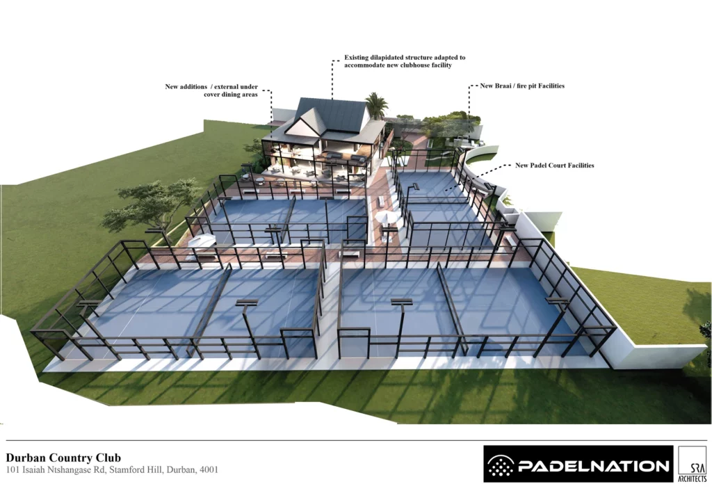 Architectural rendering of the Bryandale Sports & Leisure Facility, showing a modern, dark-clad building with a covered entrance surrounded by trees