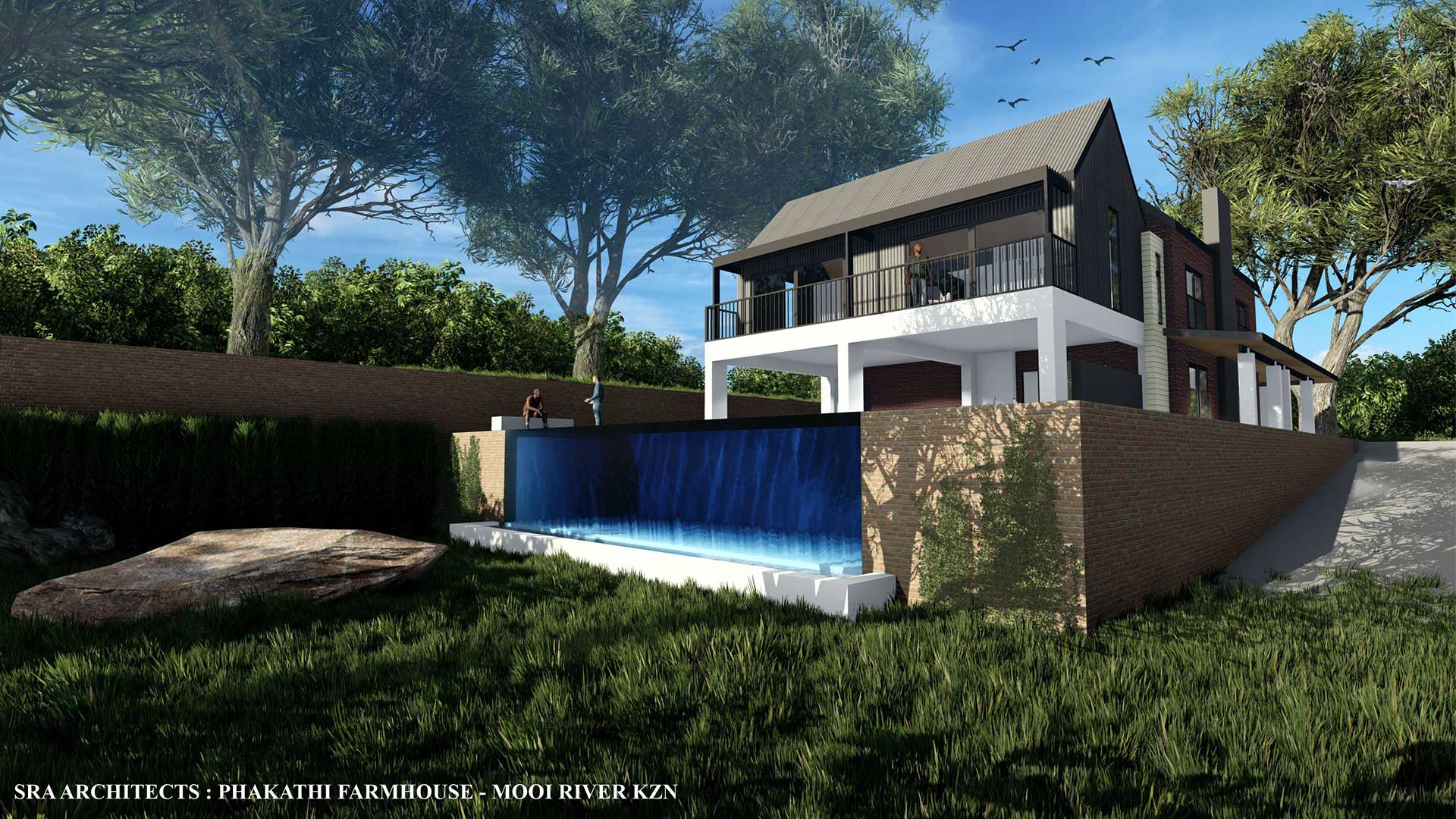 Rear view architectural rendering of a modern farmhouse with an impressive cascading water feature leading to a pool, surrounded by trees
