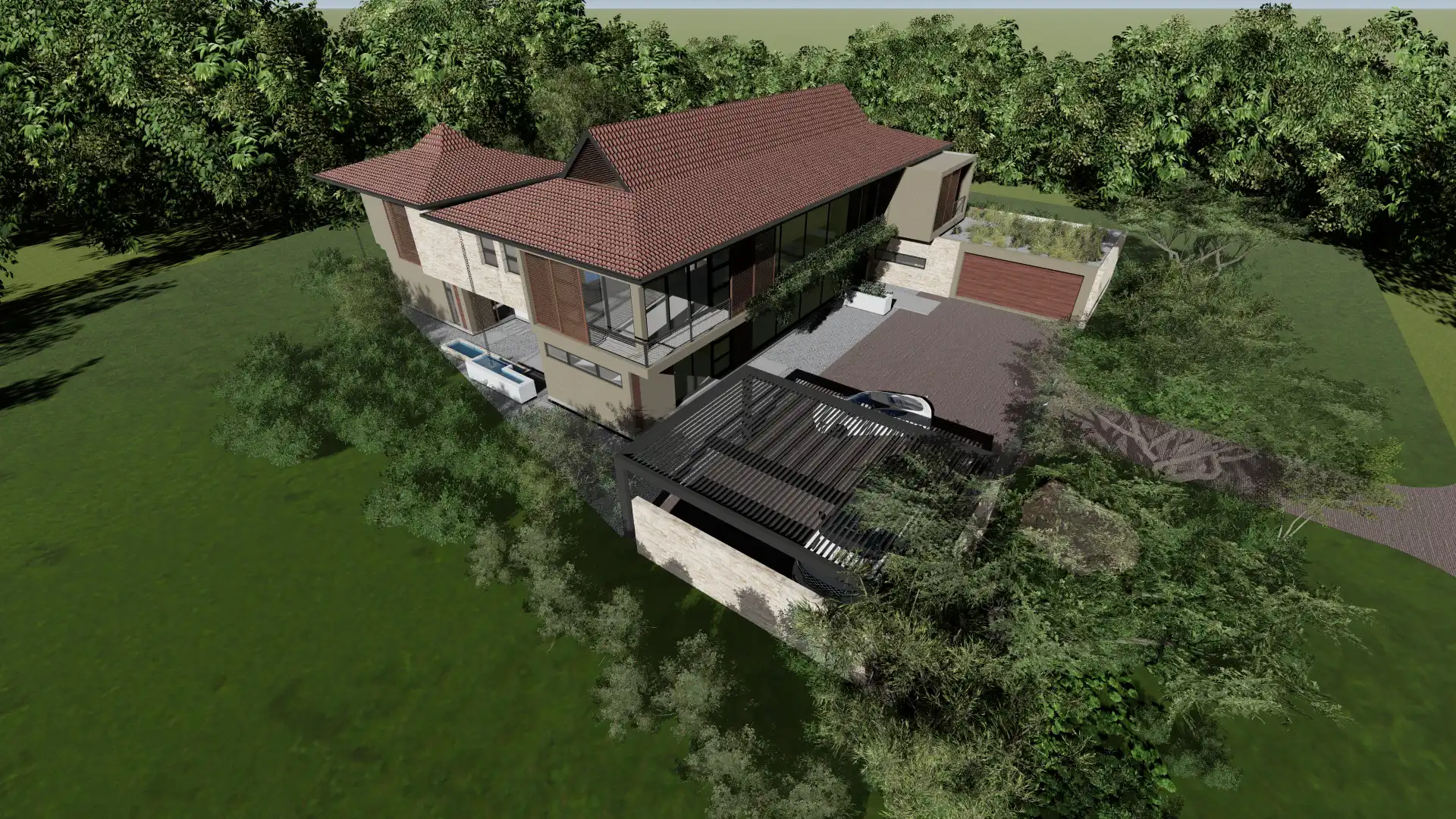 3D aerial view of Tuscan-style double-storey home with red tiled roof