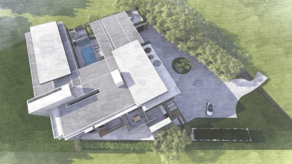 Aerial rendering of flat-roof residence with landscaped plot