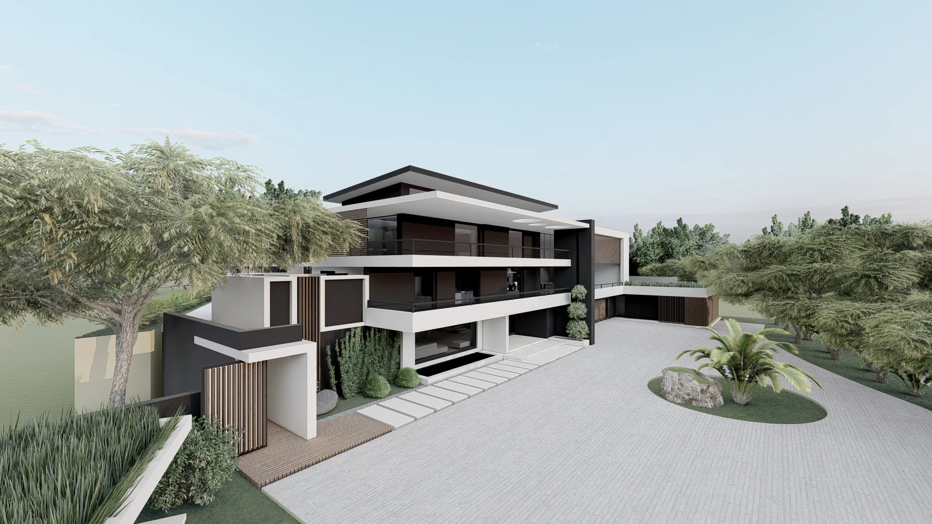 Angled front architectural rendering of a modern luxury home with horizontal wood details, extensive landscaping, and private entrance