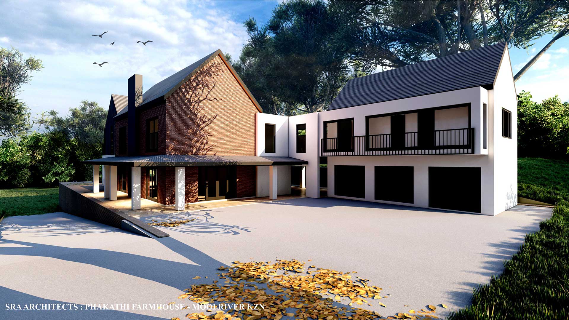 Modern farmhouse architectural rendering showcasing a multi-winged house with garages, wood siding, and white accents