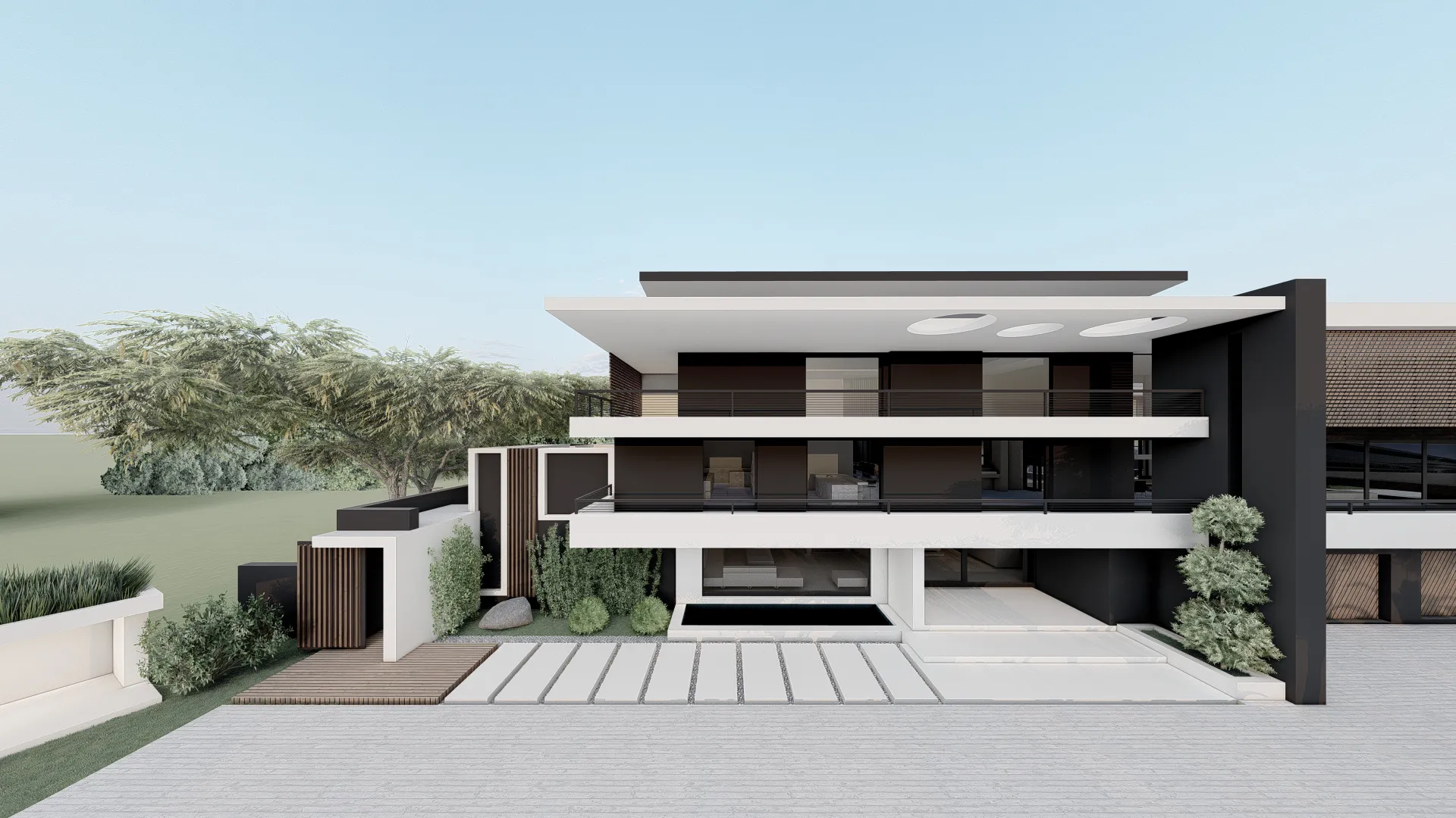Straight-on front architectural rendering of a modern multi-story house with dark accents, large windows, and clean white walls