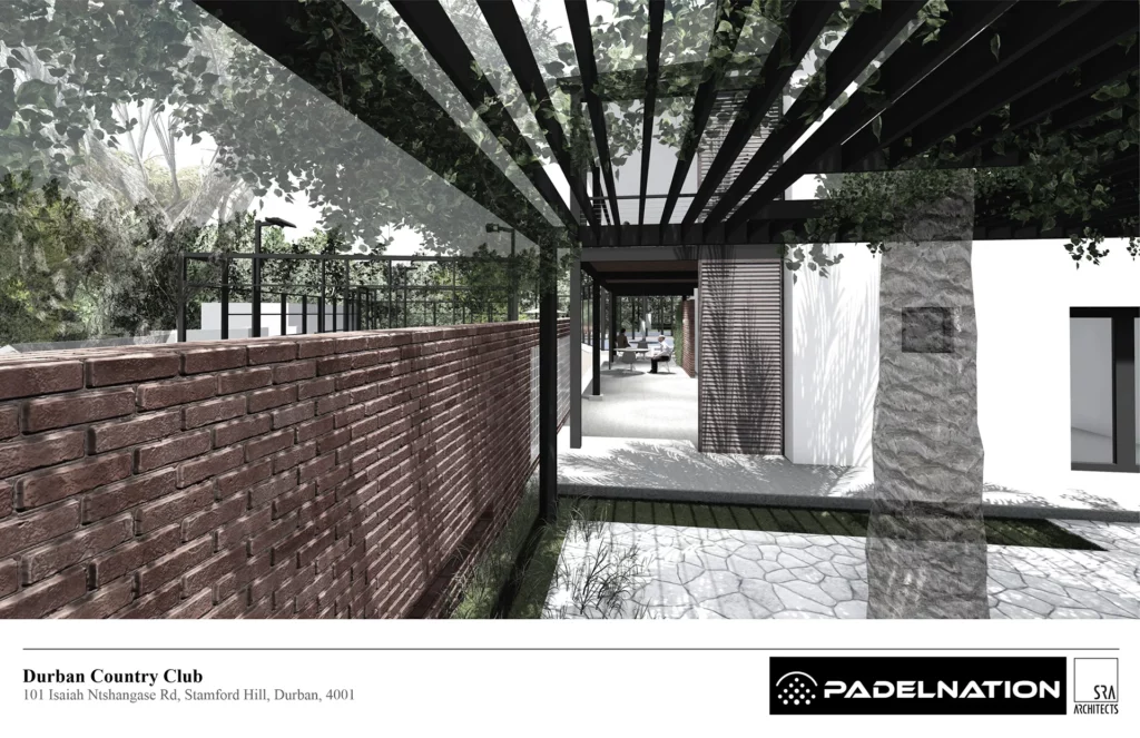 Architectural rendering of an outdoor walkway or covered pathway within a sports complex, featuring a slatted roof structure and a textured wall