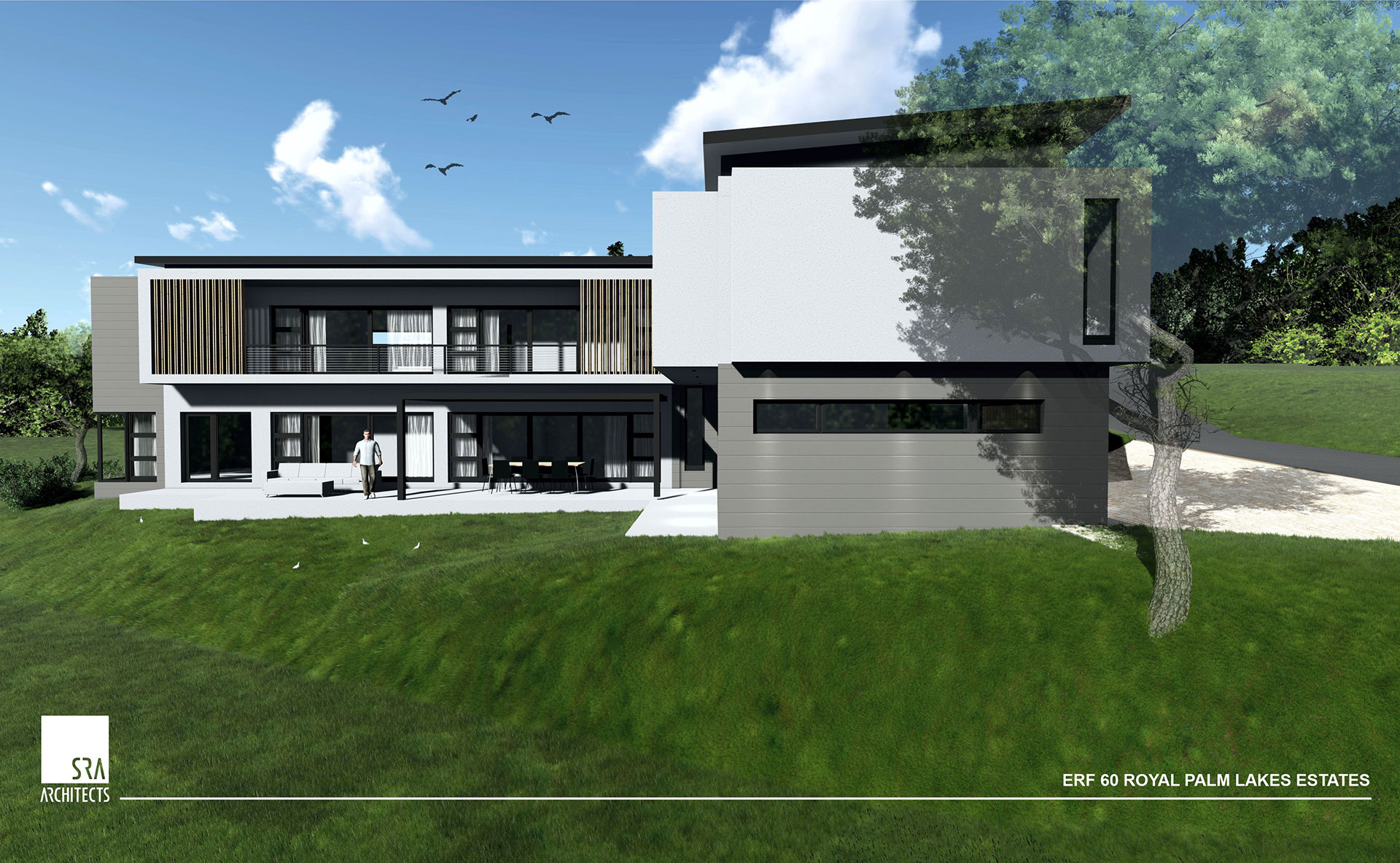 Side and rear architectural rendering of a multi-level modern house with balconies, a patio area, and a grey and white facade