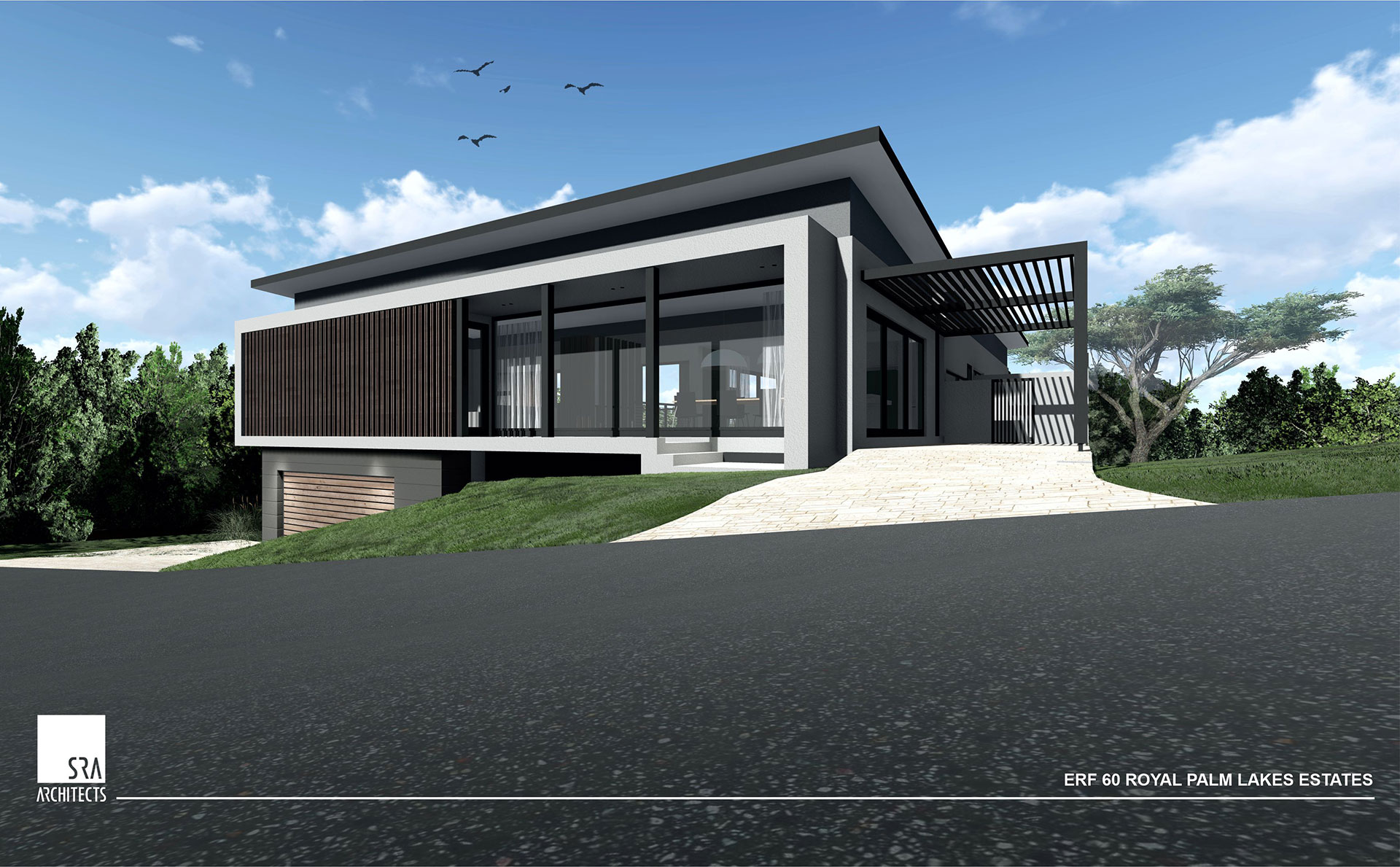 Architectural rendering of a modern house with a distinctive sloped black roof, vertical wood screens, and large glass windows