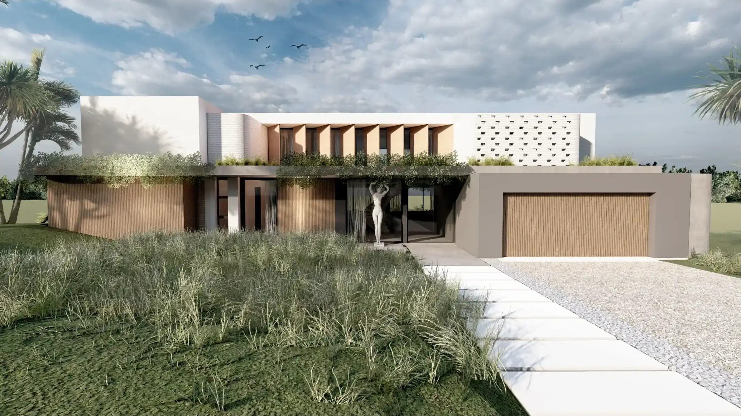 Modern flat-roof house with natural landscaping