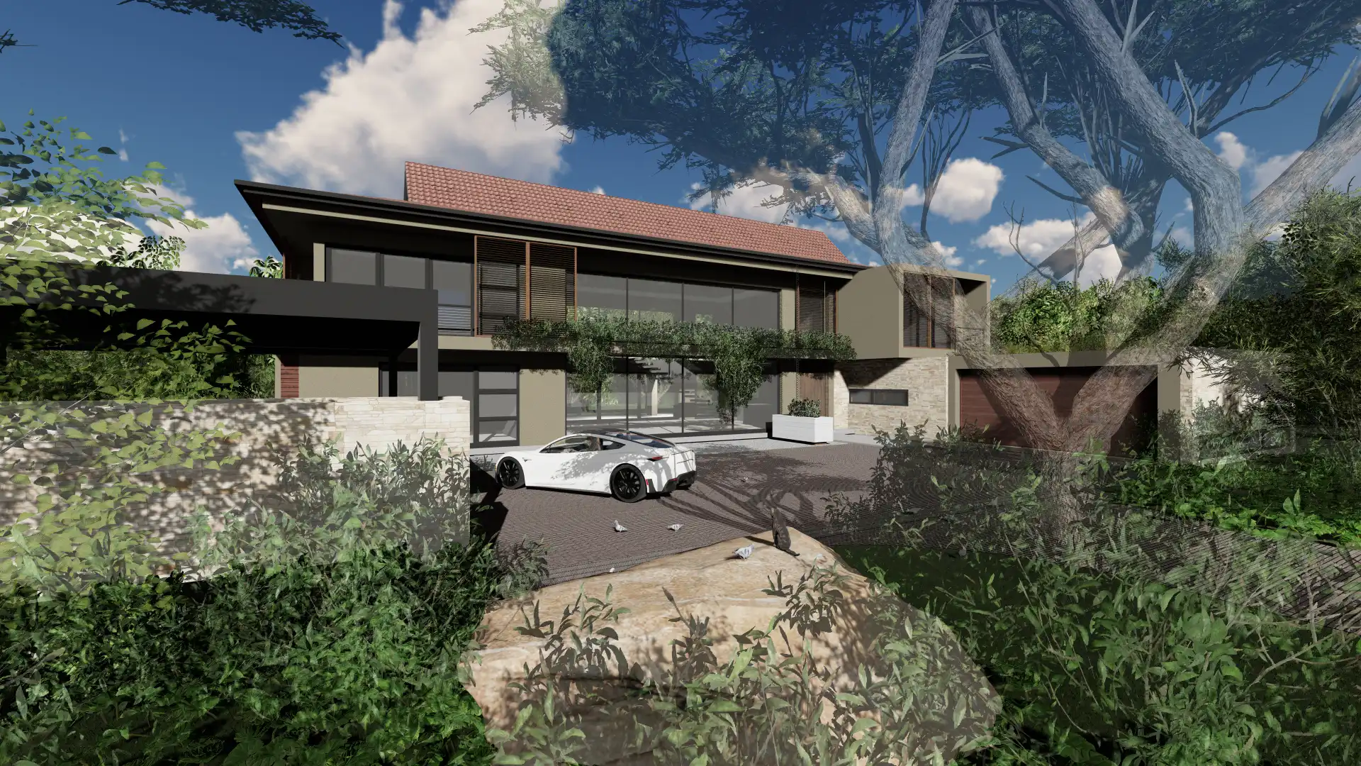 Architectural rendering of a modern house integrated into a natural, rocky landscape, with a low-slung roof and a muted color palette