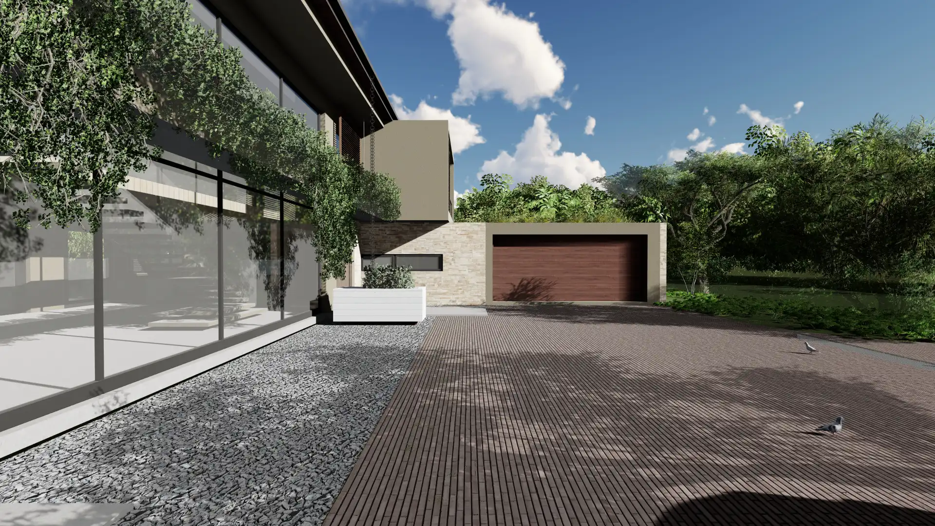Side view architectural rendering of a modern house with a large paved courtyard area, featuring a water feature and minimalist planting