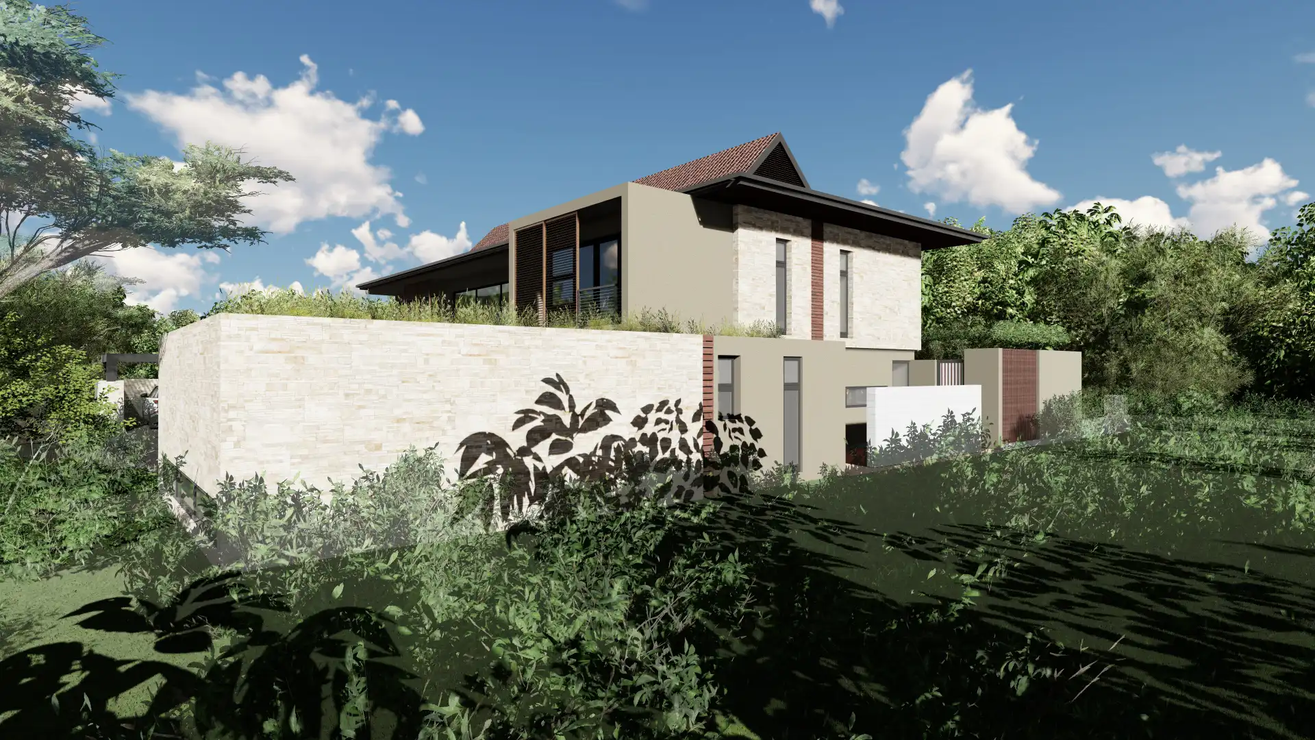 Front architectural rendering of a modern house with a distinctive roofline, set on a sloped site with layered landscaping