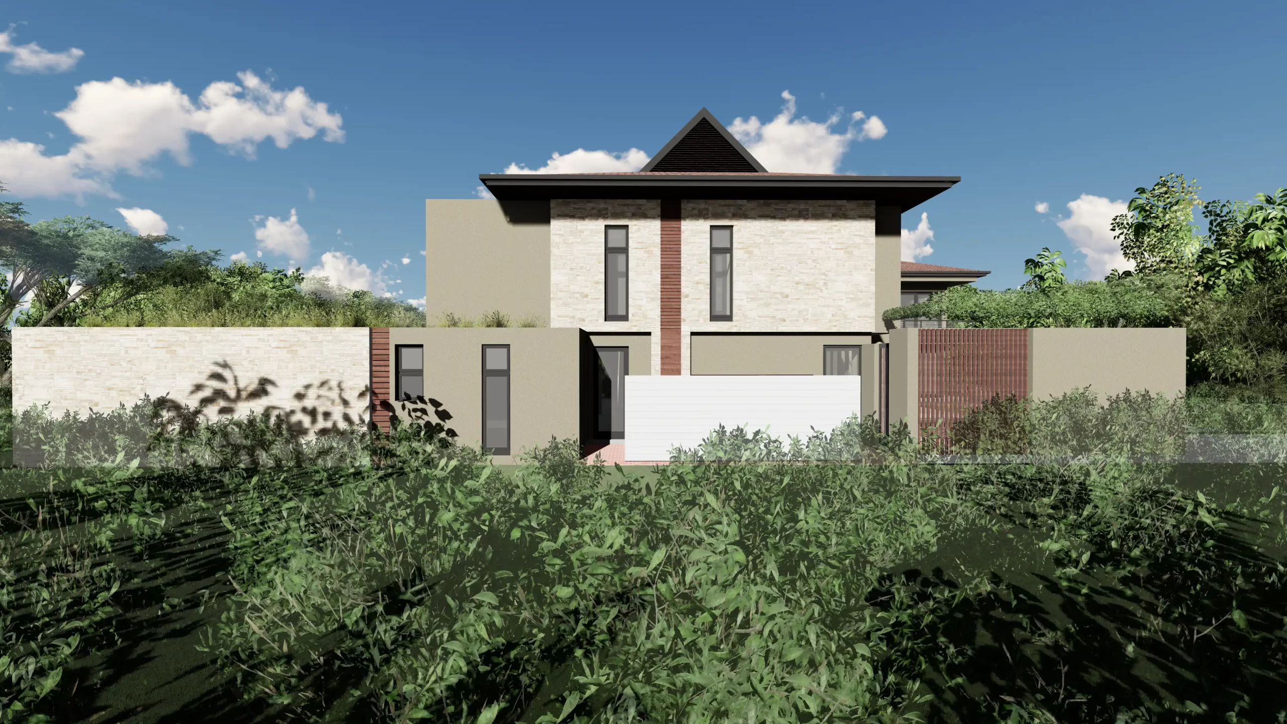 Lower angled view architectural rendering of a modern house surrounded by lush greenery, featuring a blend of natural materials and glass