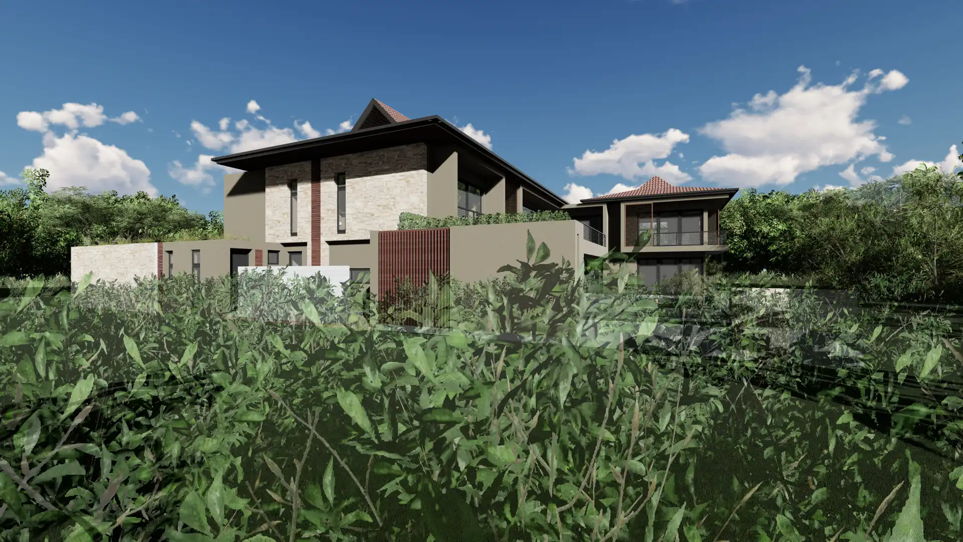 Distant architectural rendering of a modern house partially obscured by dense foliage, showcasing its integration into the natural environment