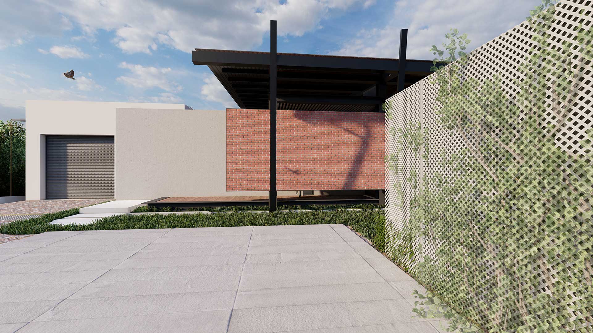 Modern house exterior with a prominent brown awning, white walls, and a textured perforated screen wall