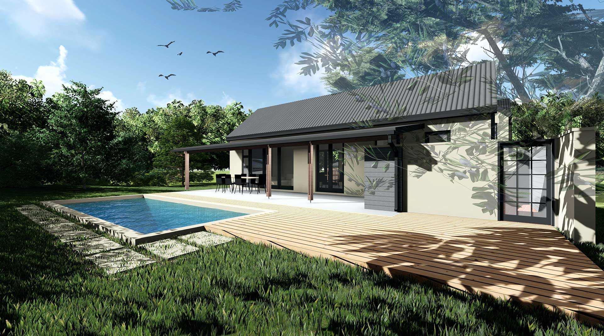Architectural rendering of a contemporary backyard with a swimming pool, wooden deck, and single-story house extension