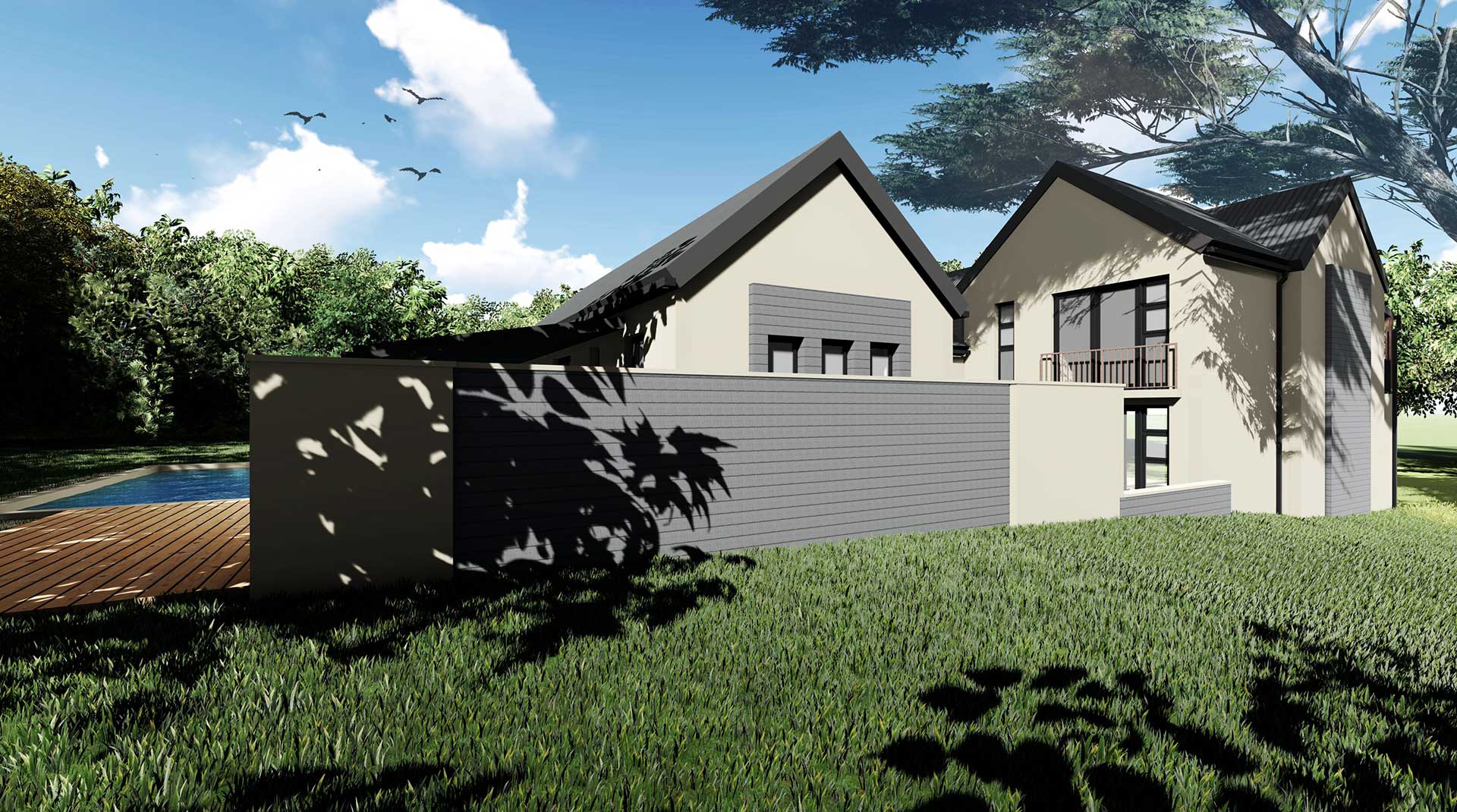 Side view of a modern house with multiple gabled roofs, a swimming pool in the foreground, and lush greenery