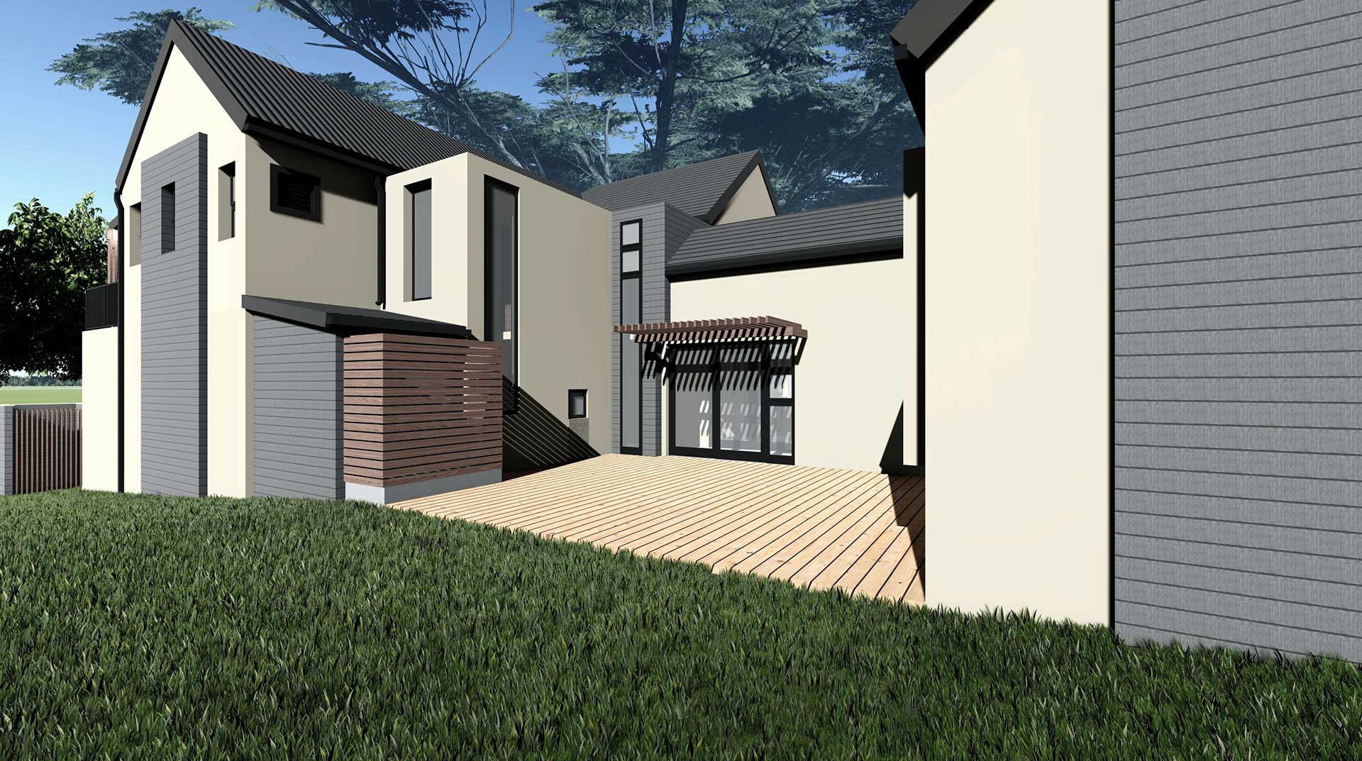 Architectural rendering of a modern house complex or compound with various building sections and an outdoor seating area