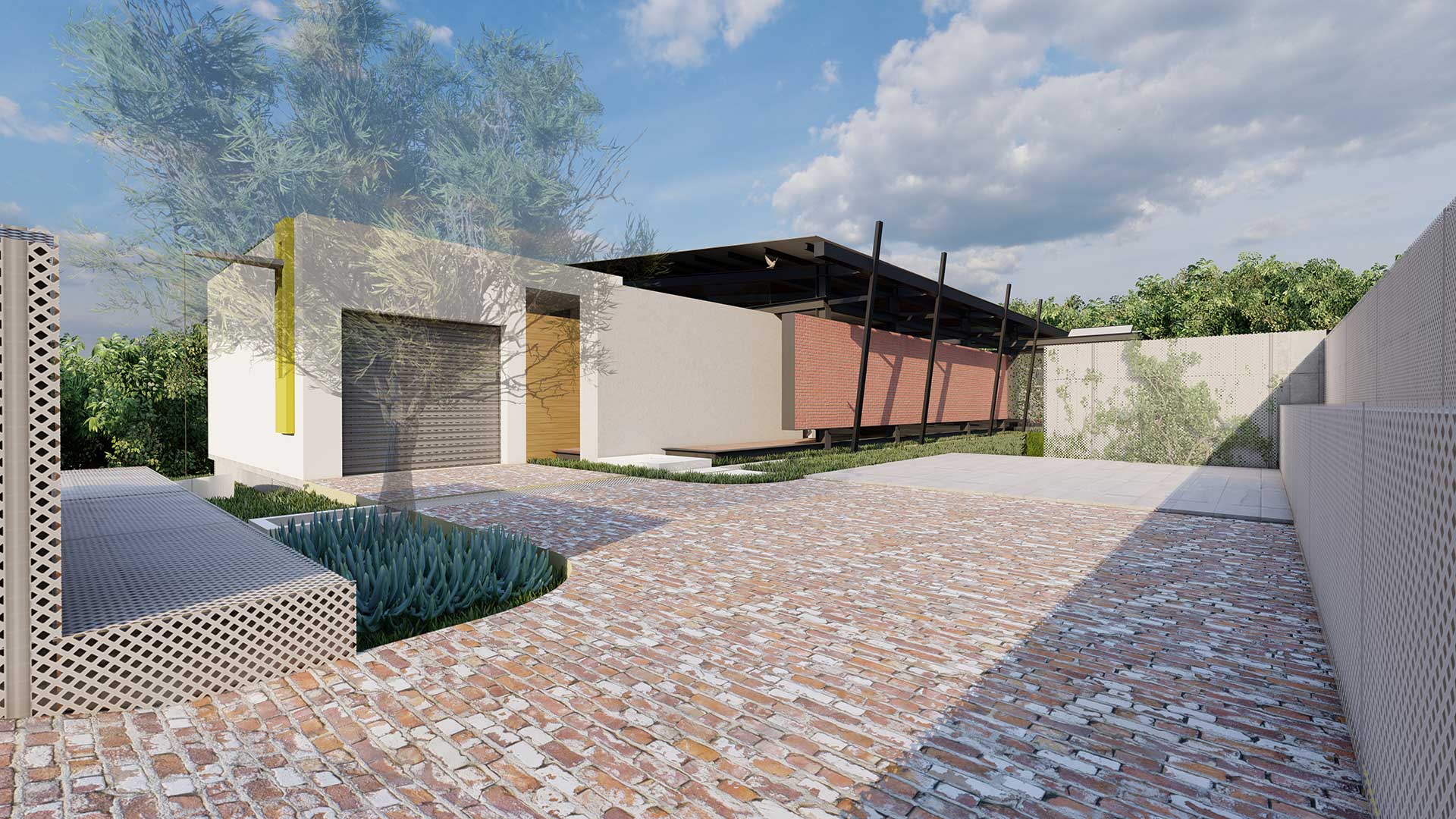 Architectural rendering of a modern outdoor living area with swimming pool, light-colored walls, and brick paving