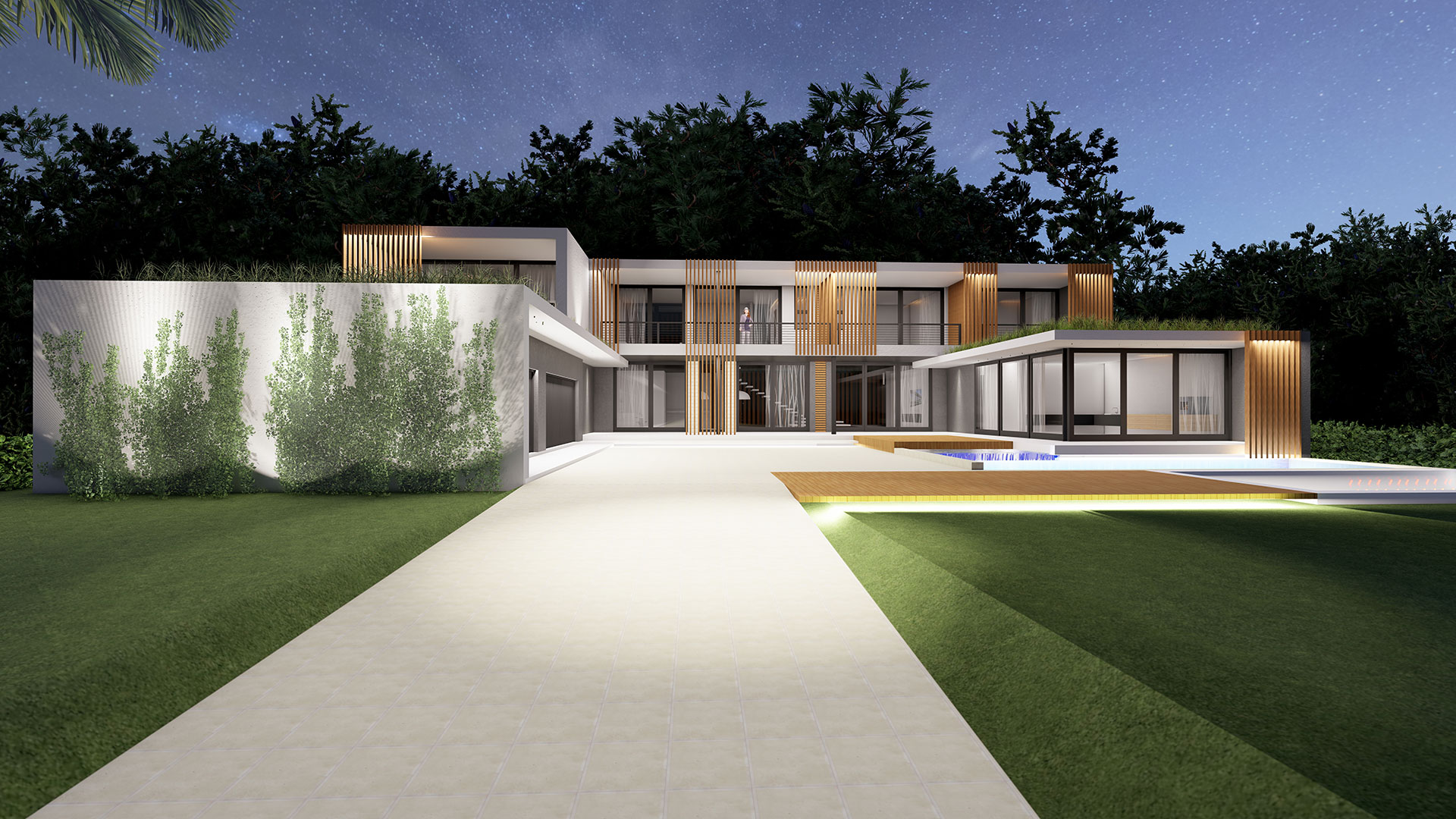 Contemporary house exterior at night with illuminated pathway