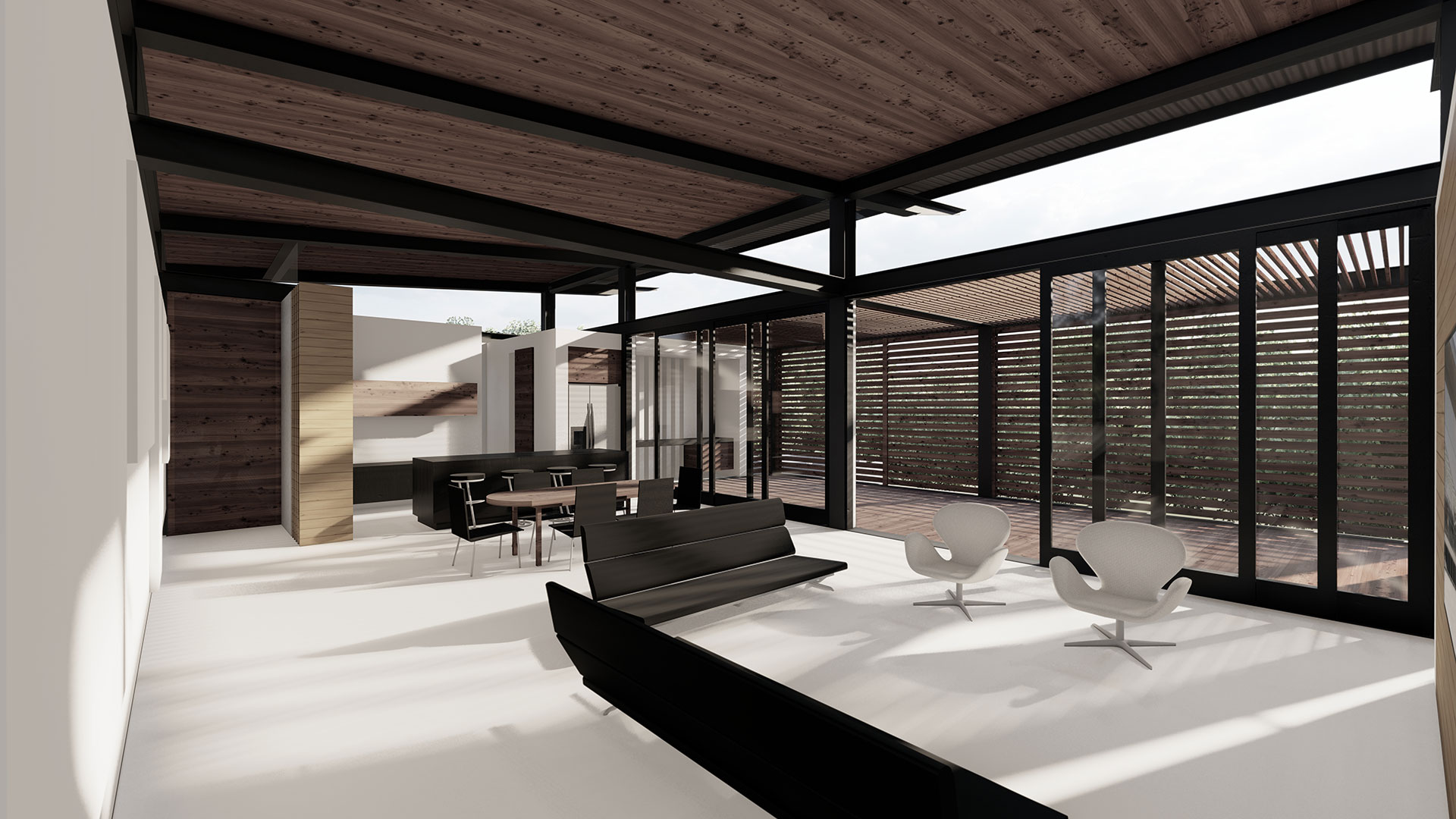 Modern open-plan living and dining area with exposed wood ceiling, black beams, and large glass sliding doors with privacy screens