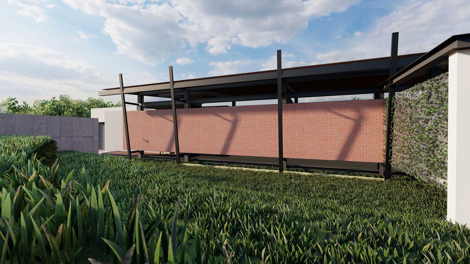 Close-up side view of a modern house exterior showing a long brown textured panel under a dark roof overhang
