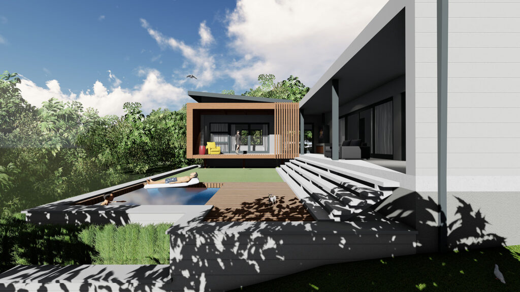 Modern poolside home with extended patio and garden view