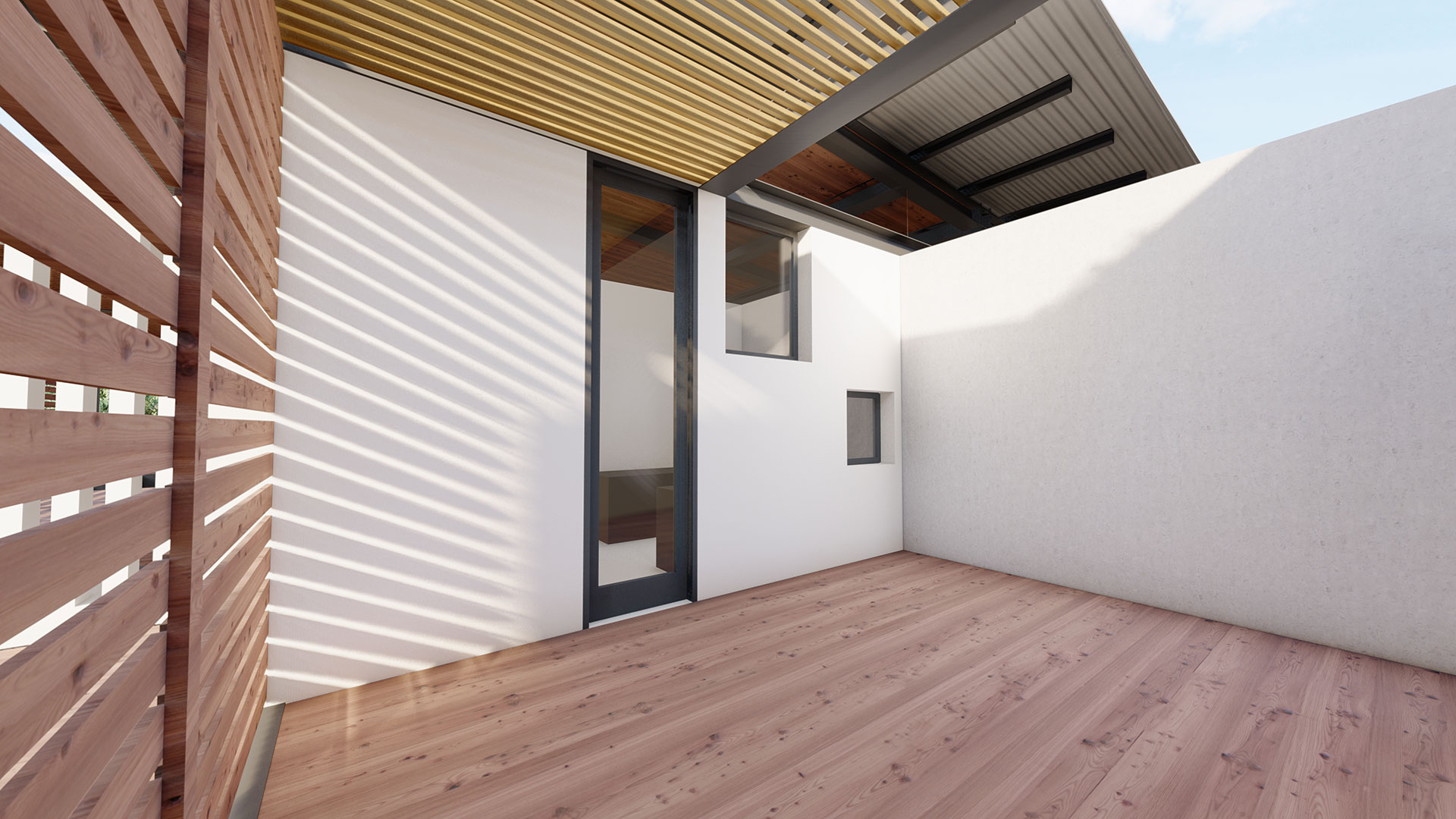Interior courtyard or passageway rendering of a modern house with wood decking, white walls, and a slatted wood ceiling detail