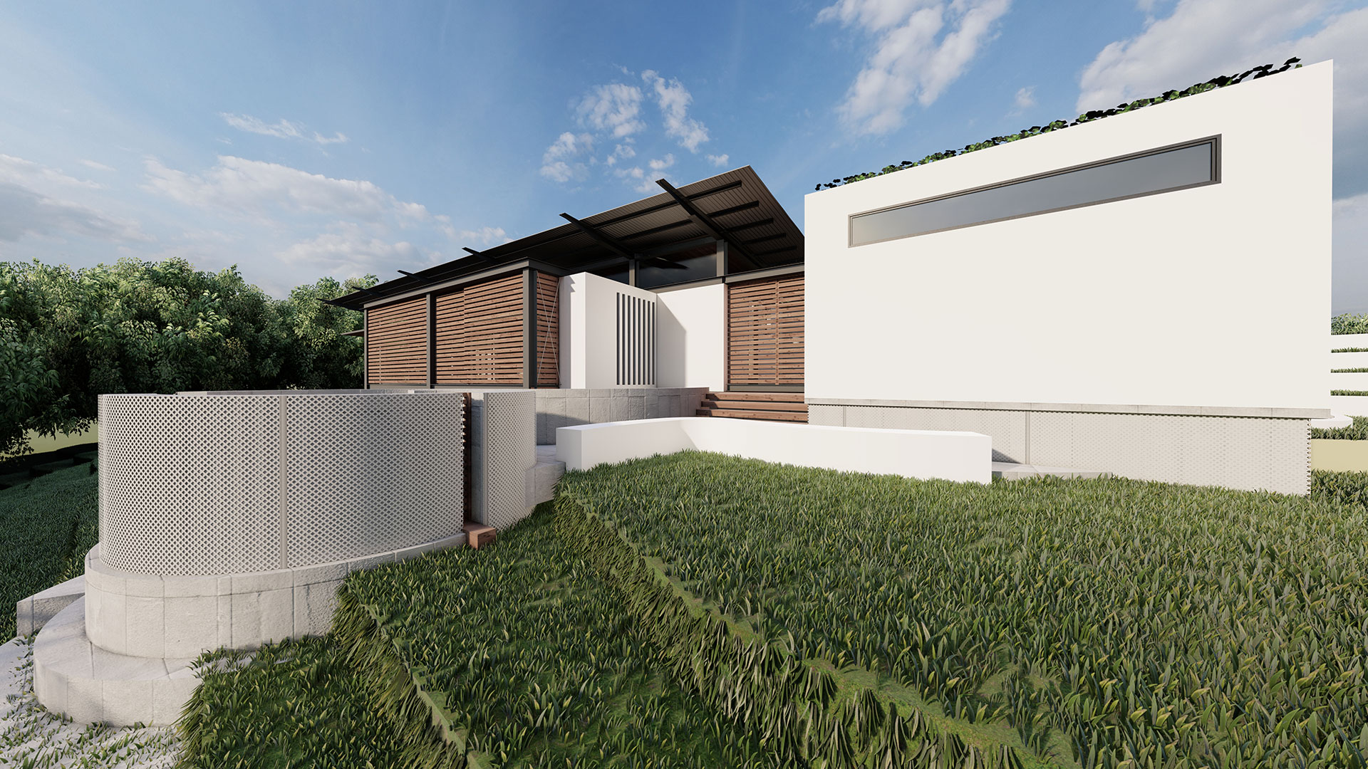 Rear architectural rendering of a modern house with a curving white retaining wall and integrated into a green hillside