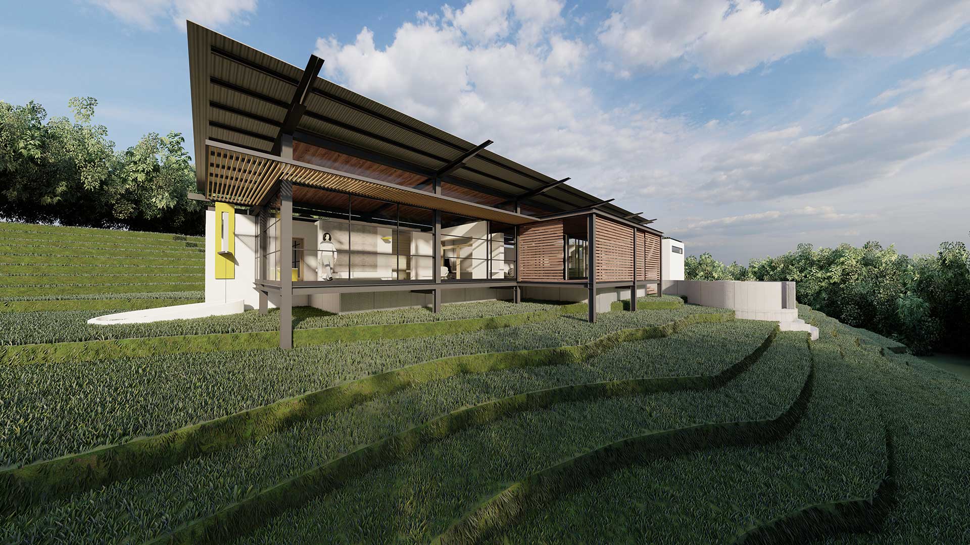 Architectural rendering of a modern house from the side, featuring a large overhang, and integrated into a sloping grassy landscape