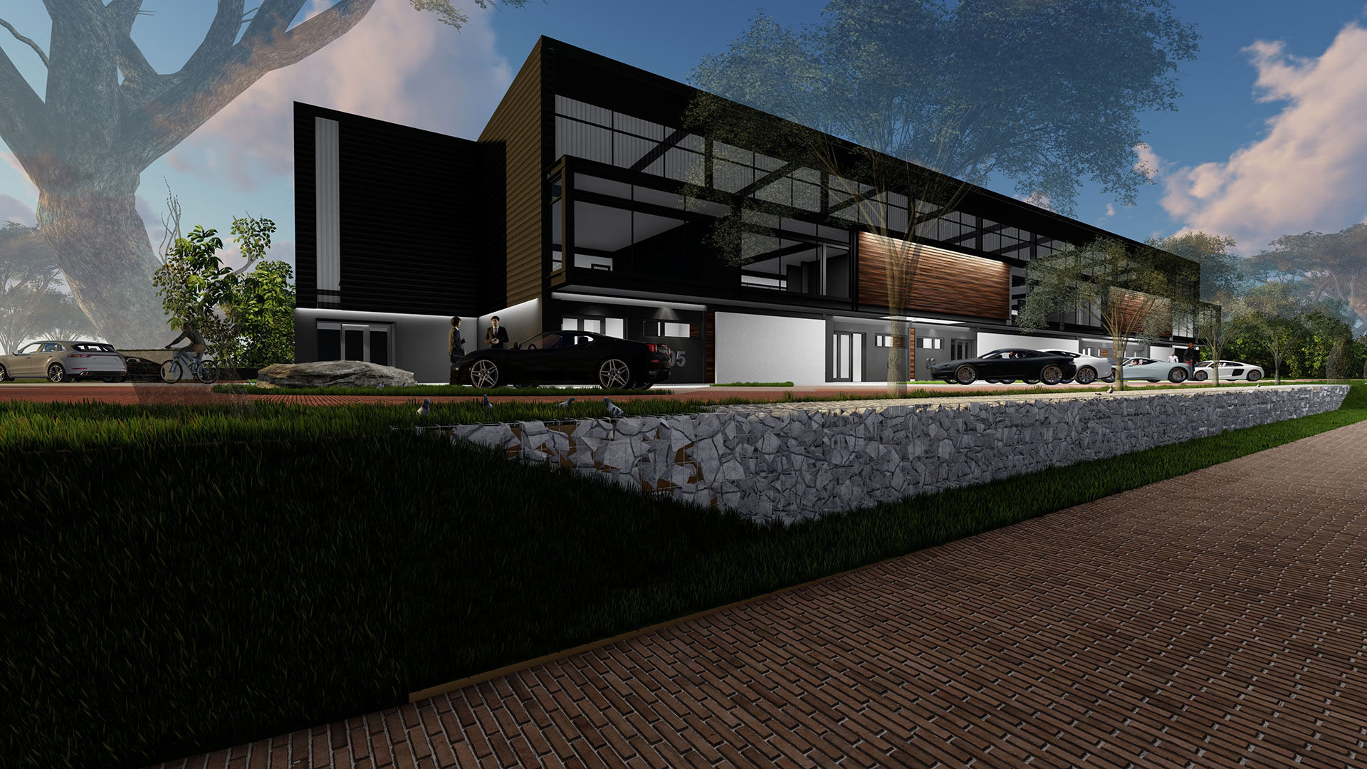 Front view of a sleek, multi-story industrial office building with large dark glass windows, a black facade, and an integrated garage or loading bay