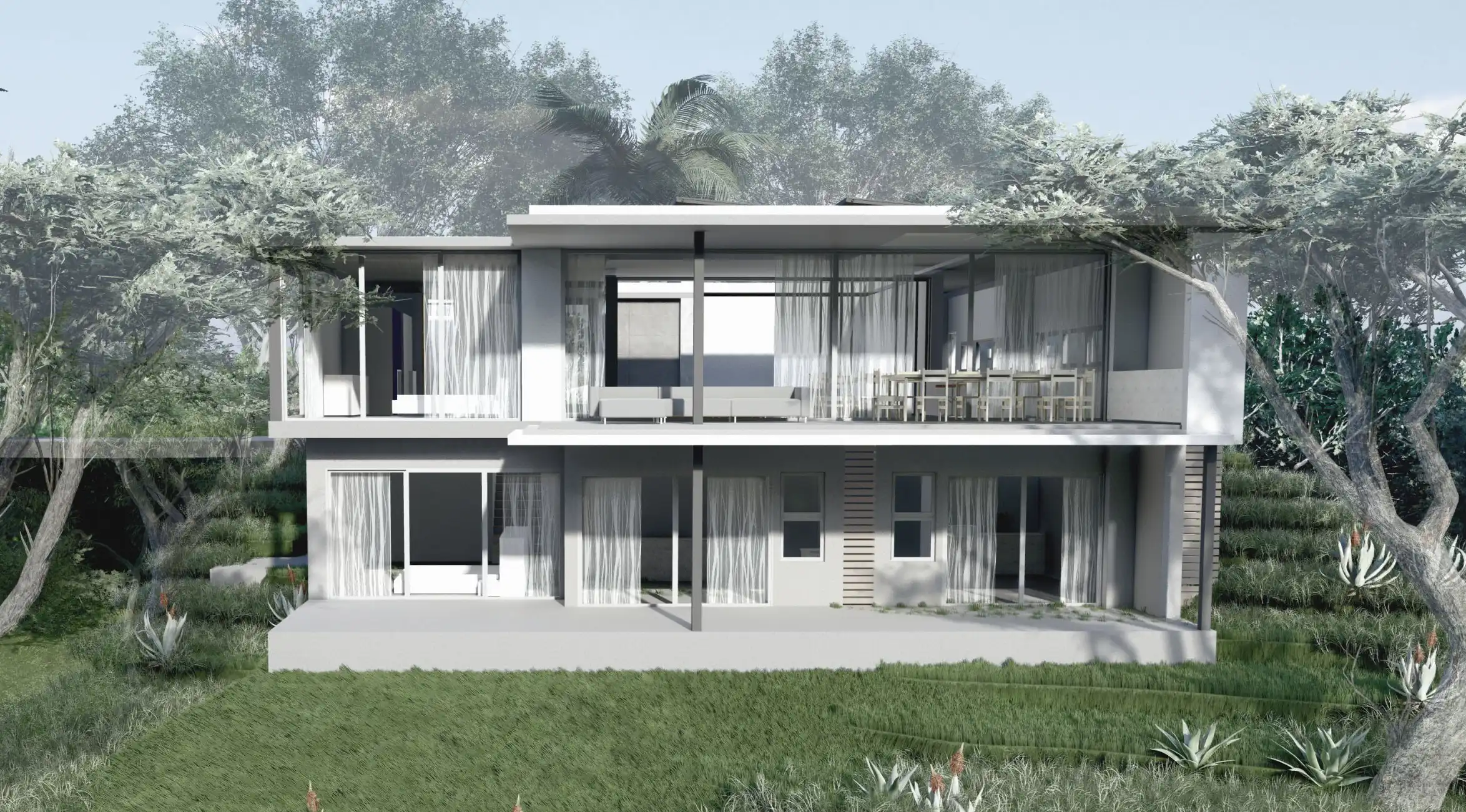 Contemporary double-storey residential facade with surrounding trees