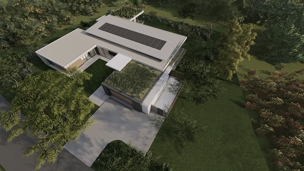 Aerial view of eco-conscious house with solar panels and garden