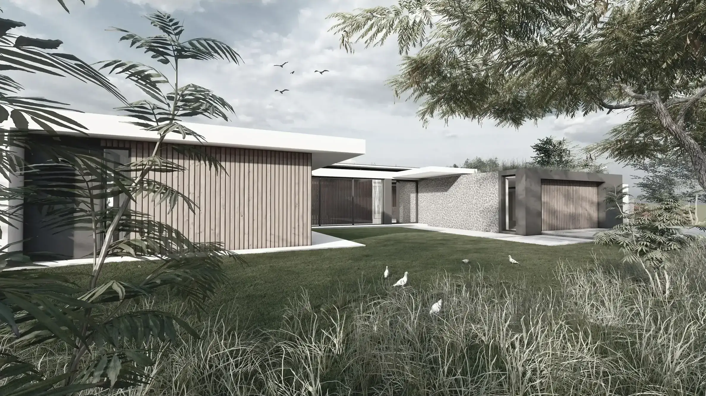 Front exterior of Seaton House 2, featuring a contemporary design with elegant wooden paneling and clean lines