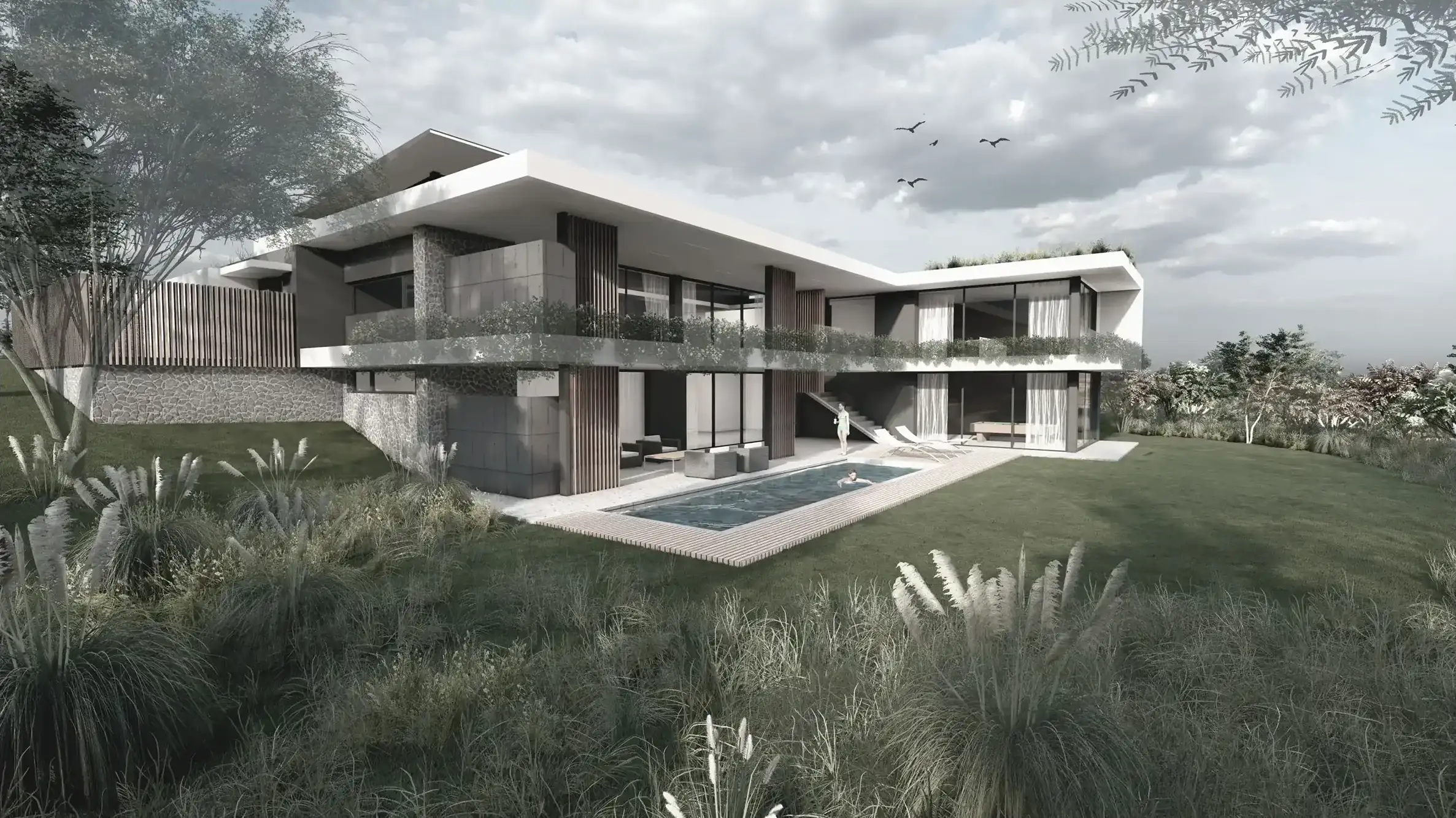 Side exterior view of Seaton House 2, showing multi-level architecture and harmonious landscaping with a water element