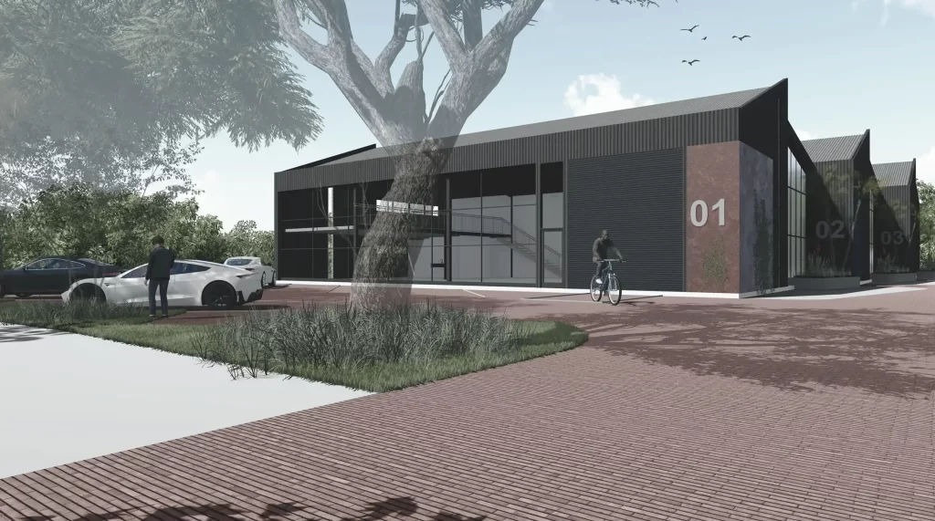 Contemporary industrial unit with a distinctive black facade, large glass doors, and a unique architectural design featuring a prominent number '01' on the side