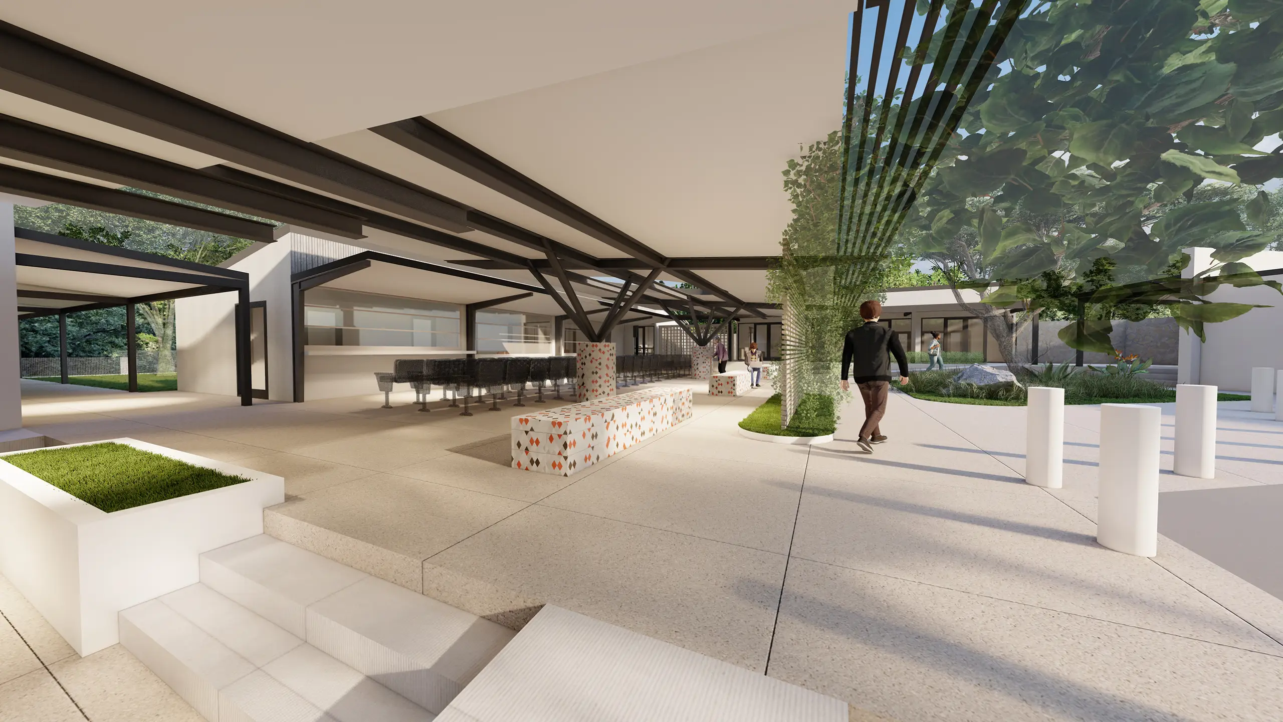 Interior architectural rendering of a spacious, modern lobby or communal area with high ceilings, natural light, contemporary design elements, and a person walking in the distance