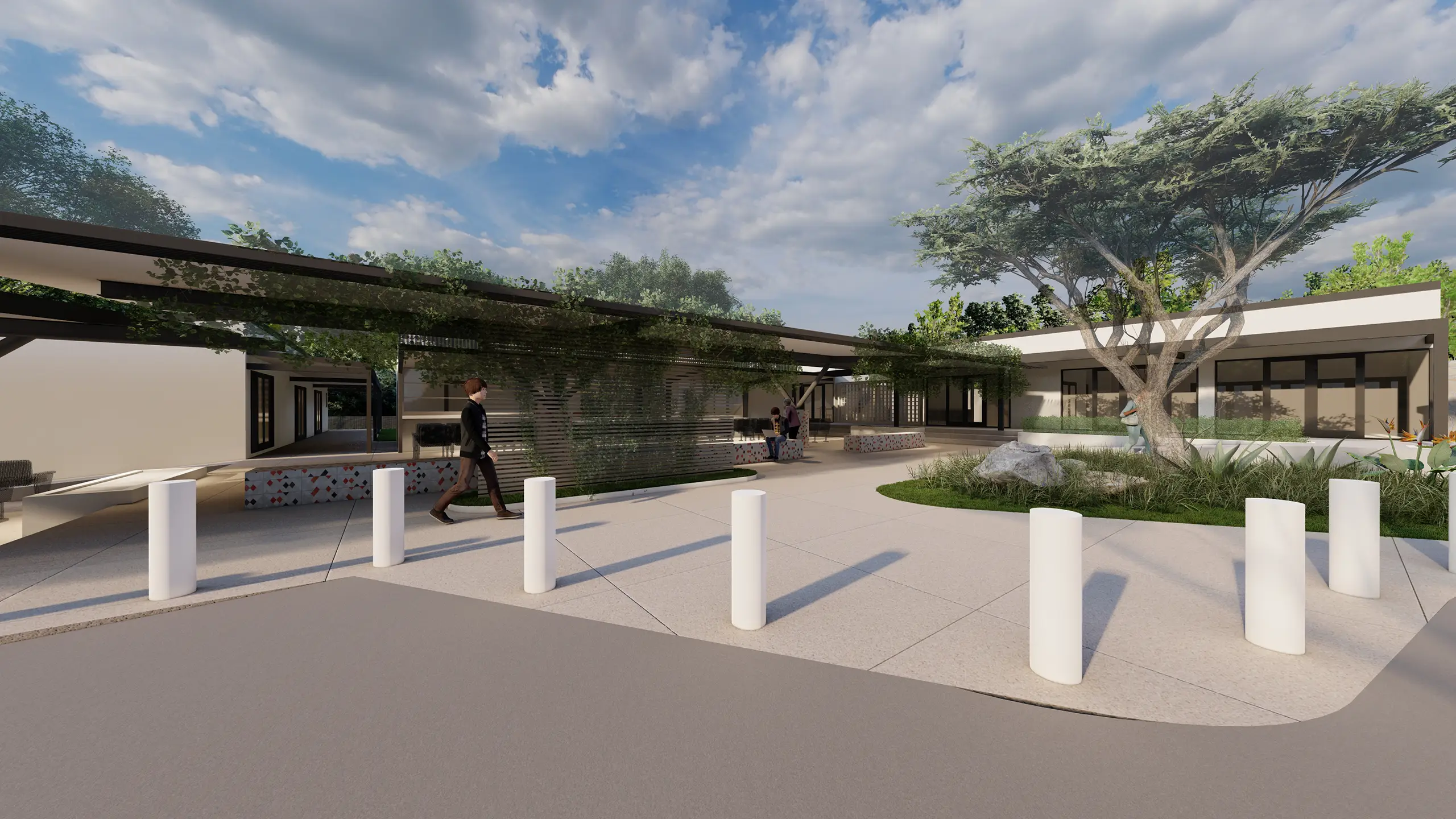 Exterior architectural rendering of a modern building's entrance or courtyard area, featuring a covered walkway, trees, seating, and decorative white pillars