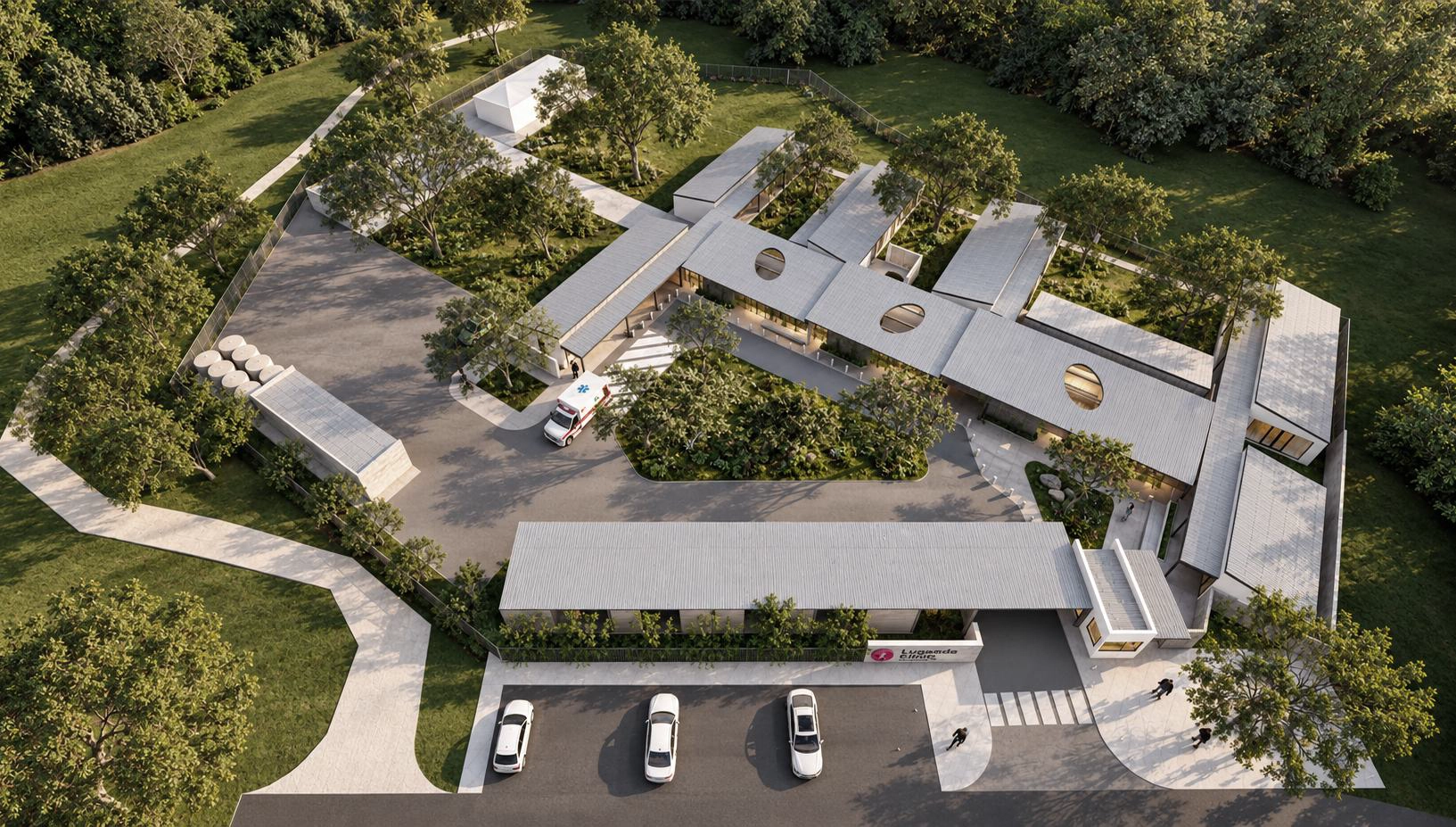 Luganda Clinic & Community Health Center Aerial Render